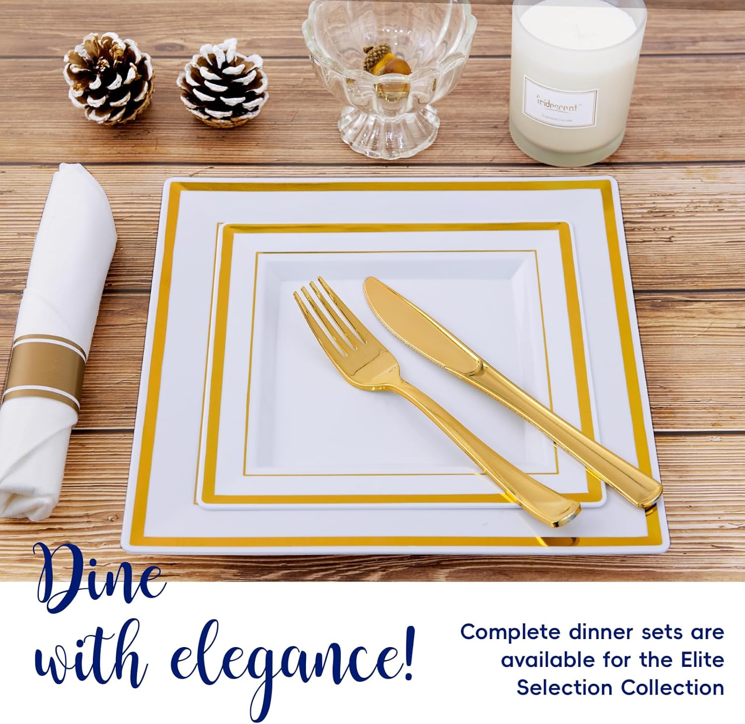 JOLLY CHEF 60 Pack Plastic Dinner Plates- Square Gold Plastic Plates with Elegant Gold Rim 9.5 Inch Disposable for Wedding, Birthday, Halloween and Party - Image 5