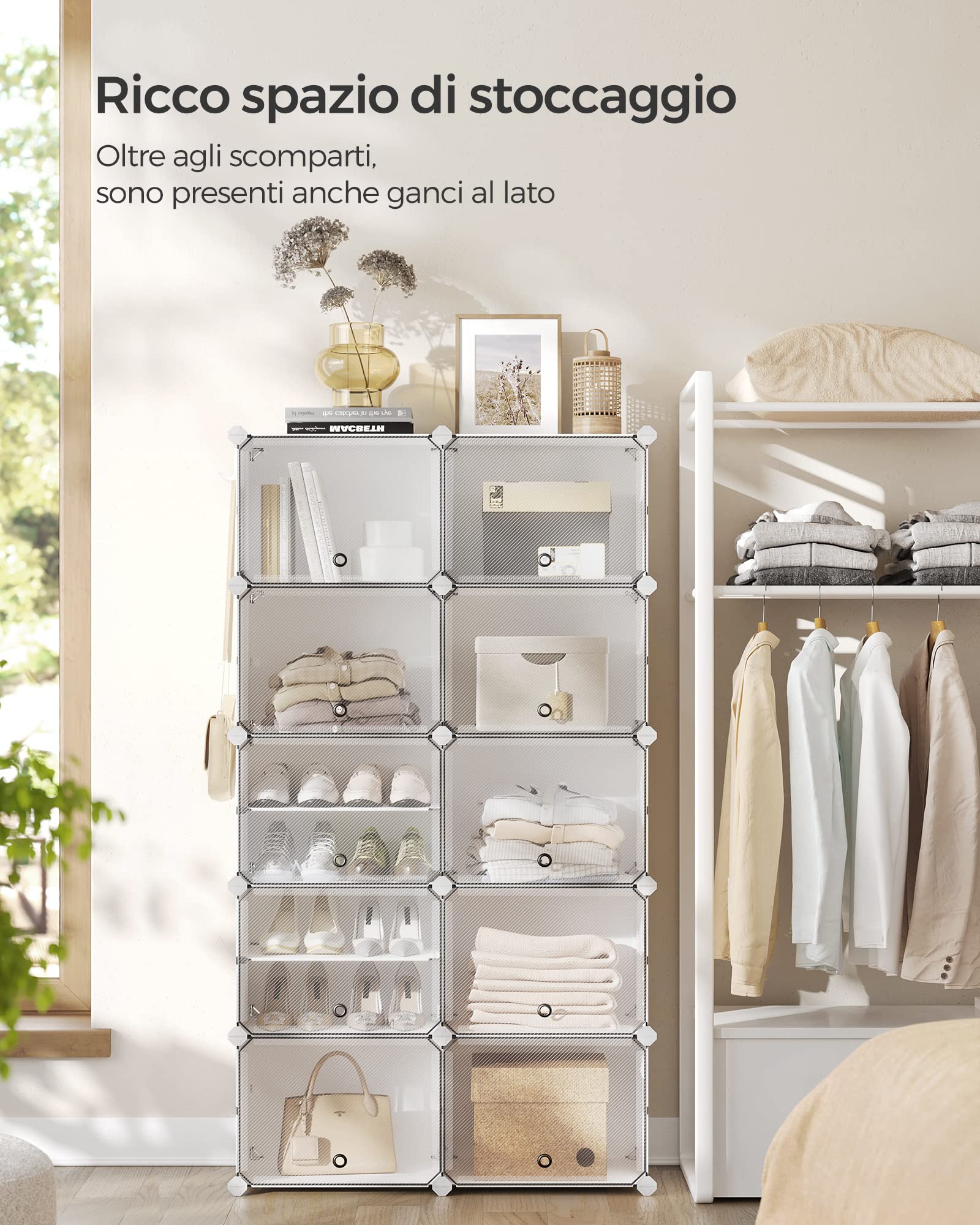 SONGMICS Scarpiera, Scaffale Modulare a 10 Scomparti per 40 Paia di Scarpe da Ingresso, con Sportelli, Telaio in Acciaio e Ripiani in Plastica, Camera da Letto, Bianco e Trasparente LPC035W01