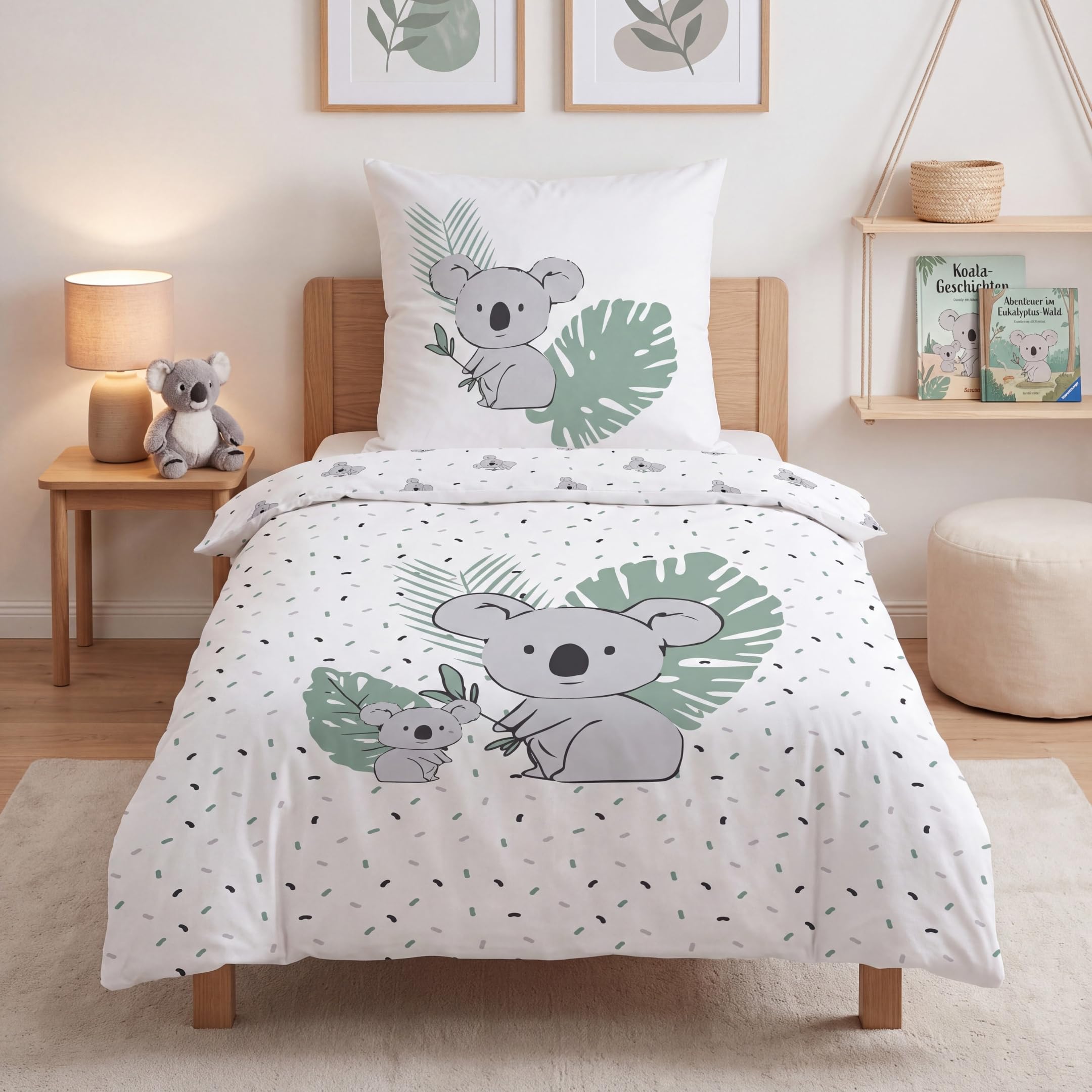 MTOnlinehandel Koala Bettwäsche 135x200 cm Flanell Biber Baumwolle | Kinderbettwäsche Eukalyptus Mia & Max, 135x200 + 80x80 cm, 100% Baumwolle weich, hautfreundlich, Reißverschluss & OEKO-TEX
