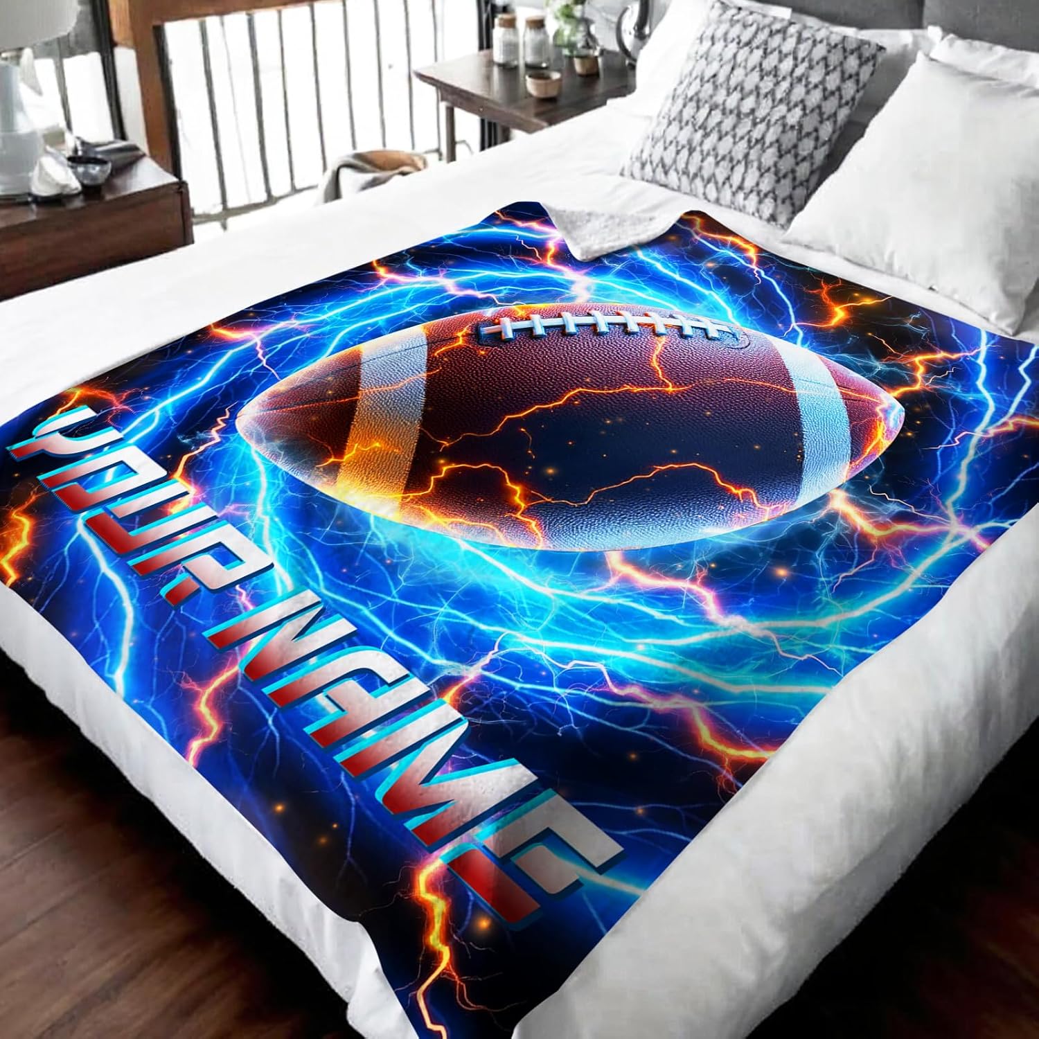 Boys Blanket for Kids Teens, Custom Name Football Gift for Son Dad Husband Team Players, 50”x60” Blue Personalized Throw Blankets Accessories for Bed Couch Home Stadium