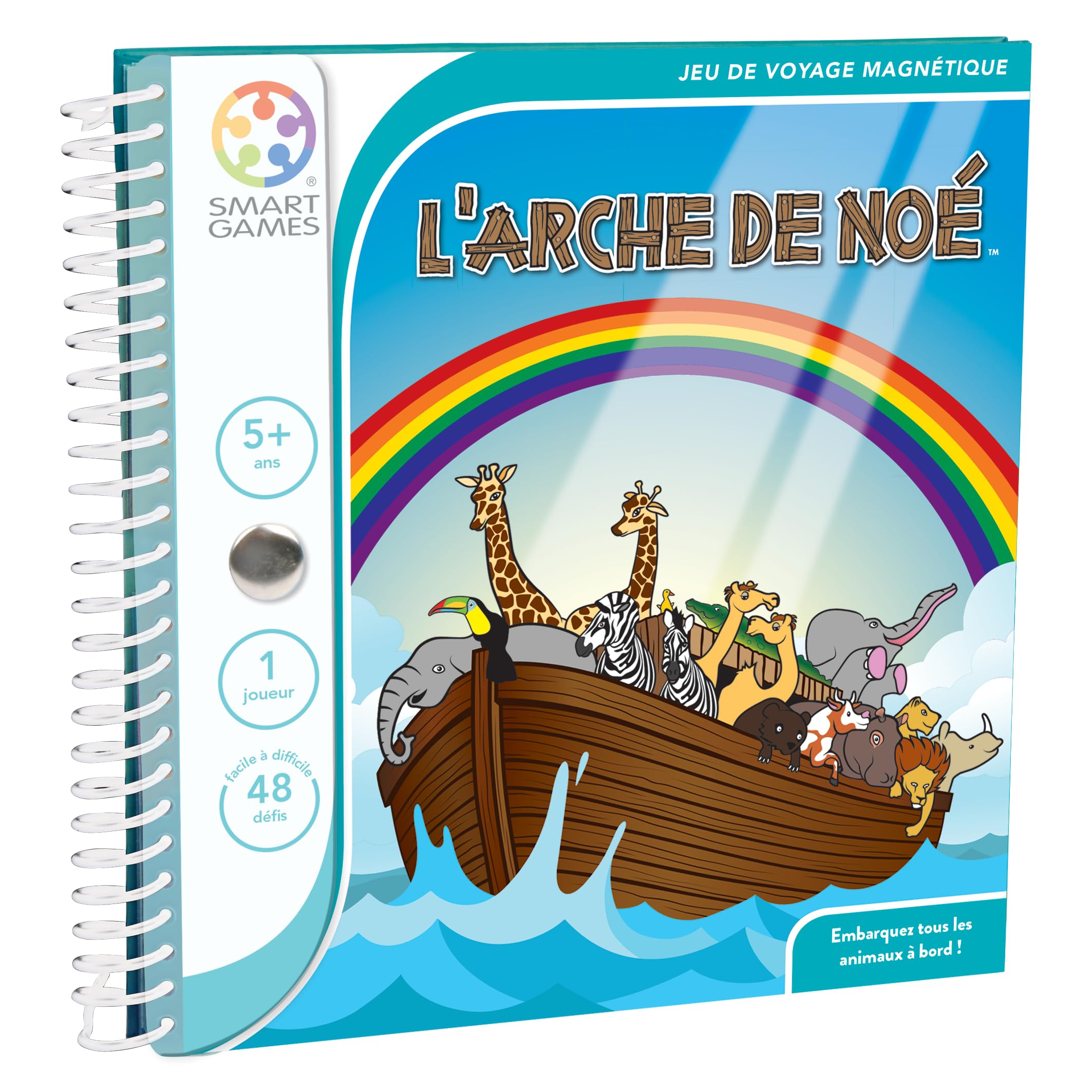 SmartGames - L'Arche de Noé - Jeu de Voyage Magnétique - Embarquez Tous Les Animaux à Bord - 48 Défis de Différents Niveaux - 1 Joueur - A partir de 5 Ans - Version Française
