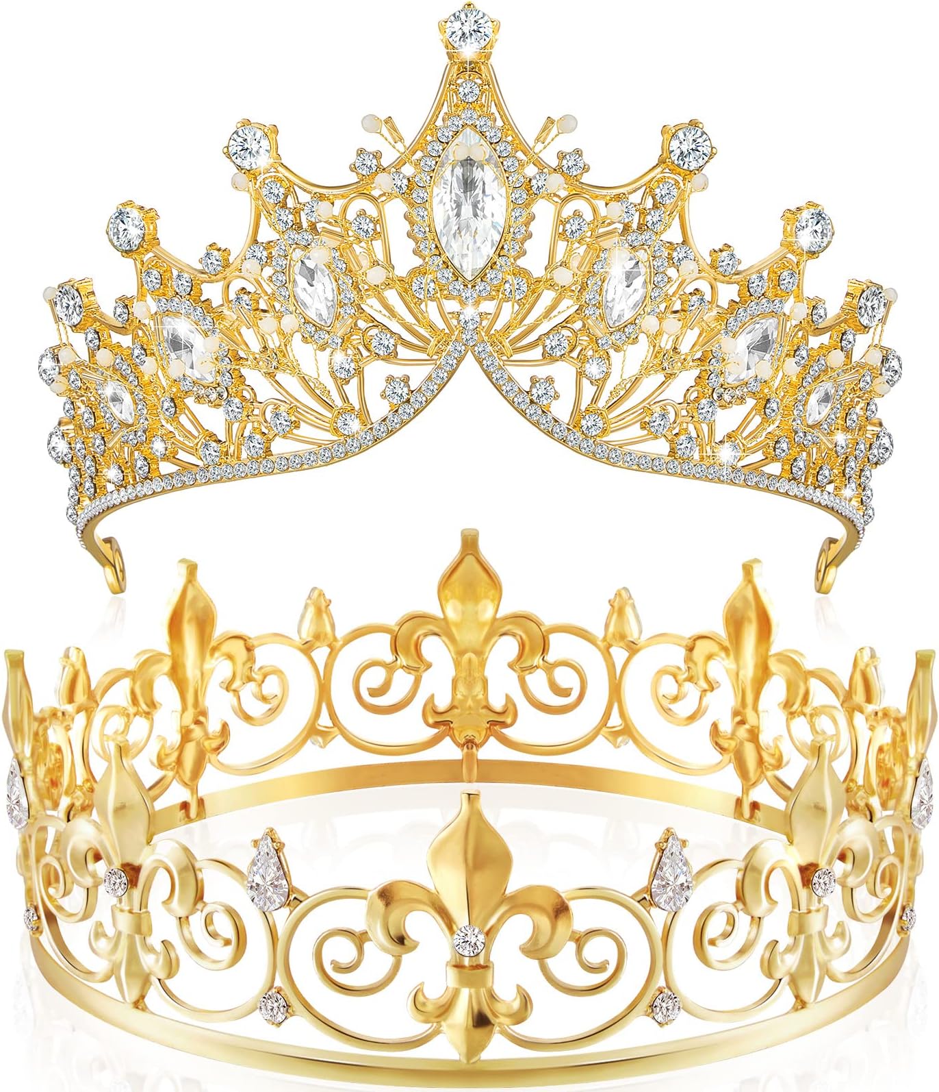 2 Pcs Prom King and Queen Crowns for Men Women Valentine's Day Carnival Baroque Queen King Prince Tiara Princess Crystal Headband for Wedding Birthday Grad Rhinestone Prom Party(Gold)