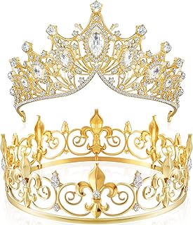 2 Pcs Prom King and Queen Crowns for Men Women Baroque Queen King Prince Tiara Princess Crystal Headband for Halloween Wedding Birthday Grad Rhinestone Prom Party(Gold)