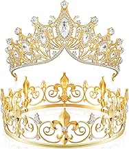 Junkin 2 Pcs Prom King and Queen Crowns for Men Women Valentine's Day Carnival Baroque Queen King Prince Tiara Princess Crystal Headband for Wedding Birthday Grad Rhinestone Prom Party(Gold)