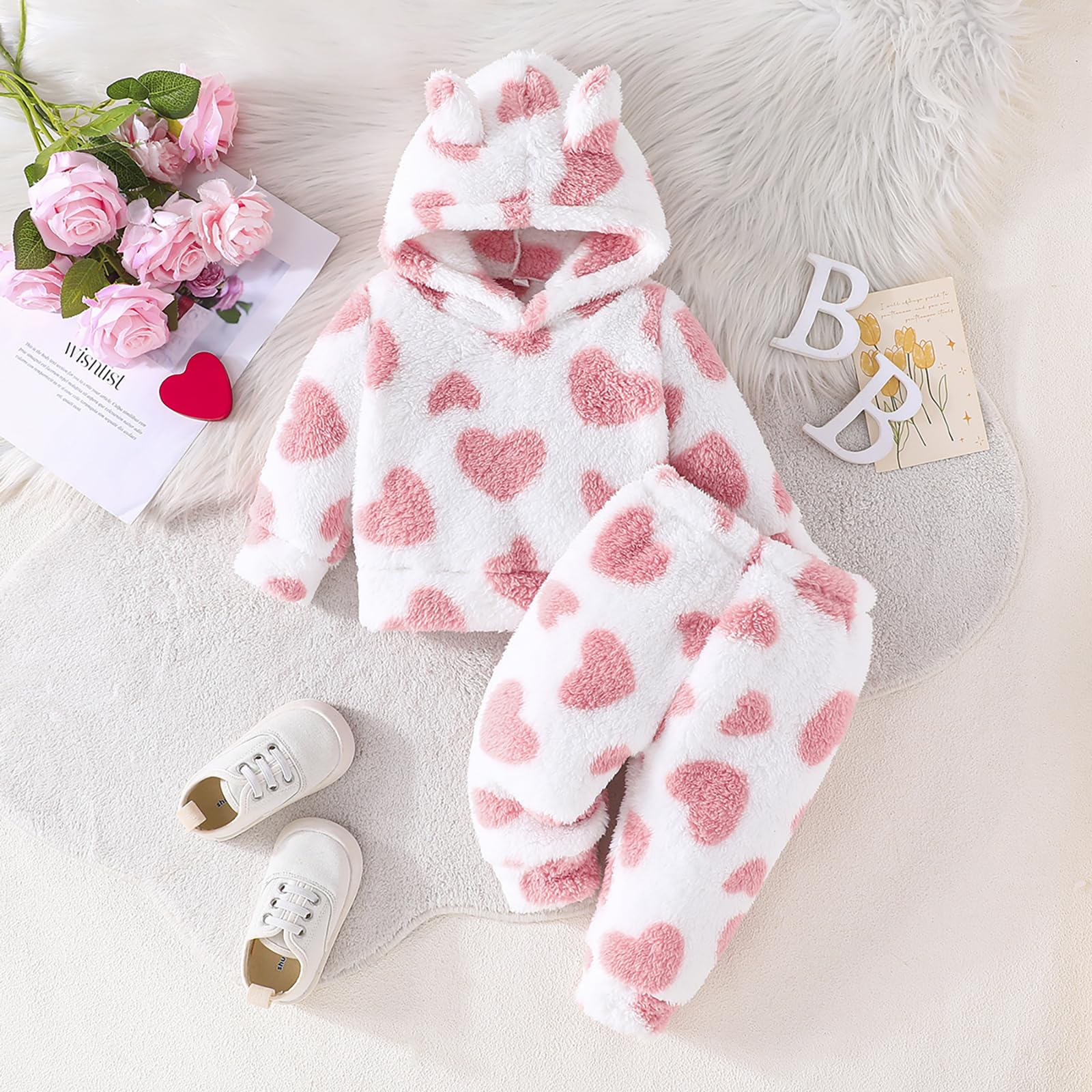 Kunyeah 2 szt. ubranka dla dziewczynek z polaru, dla małych dzieci, pluszowe, bluza dla noworodków, długi rękaw, zestaw spodni, ciepłe bluzy z kapturem, strój
