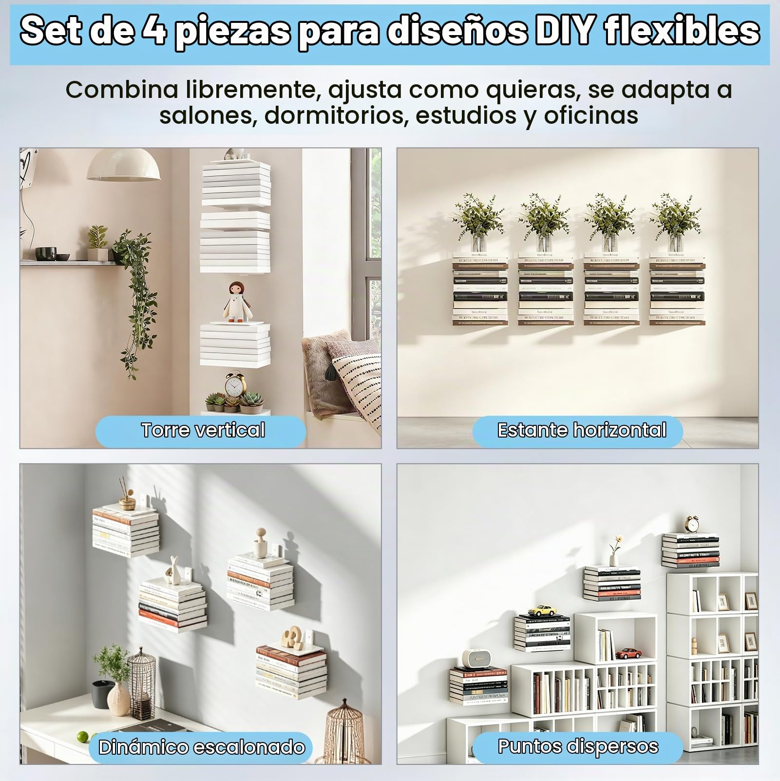 Estantería Flotante Invisible 4 Piezas para Libros y Decoración, 8 Pisos