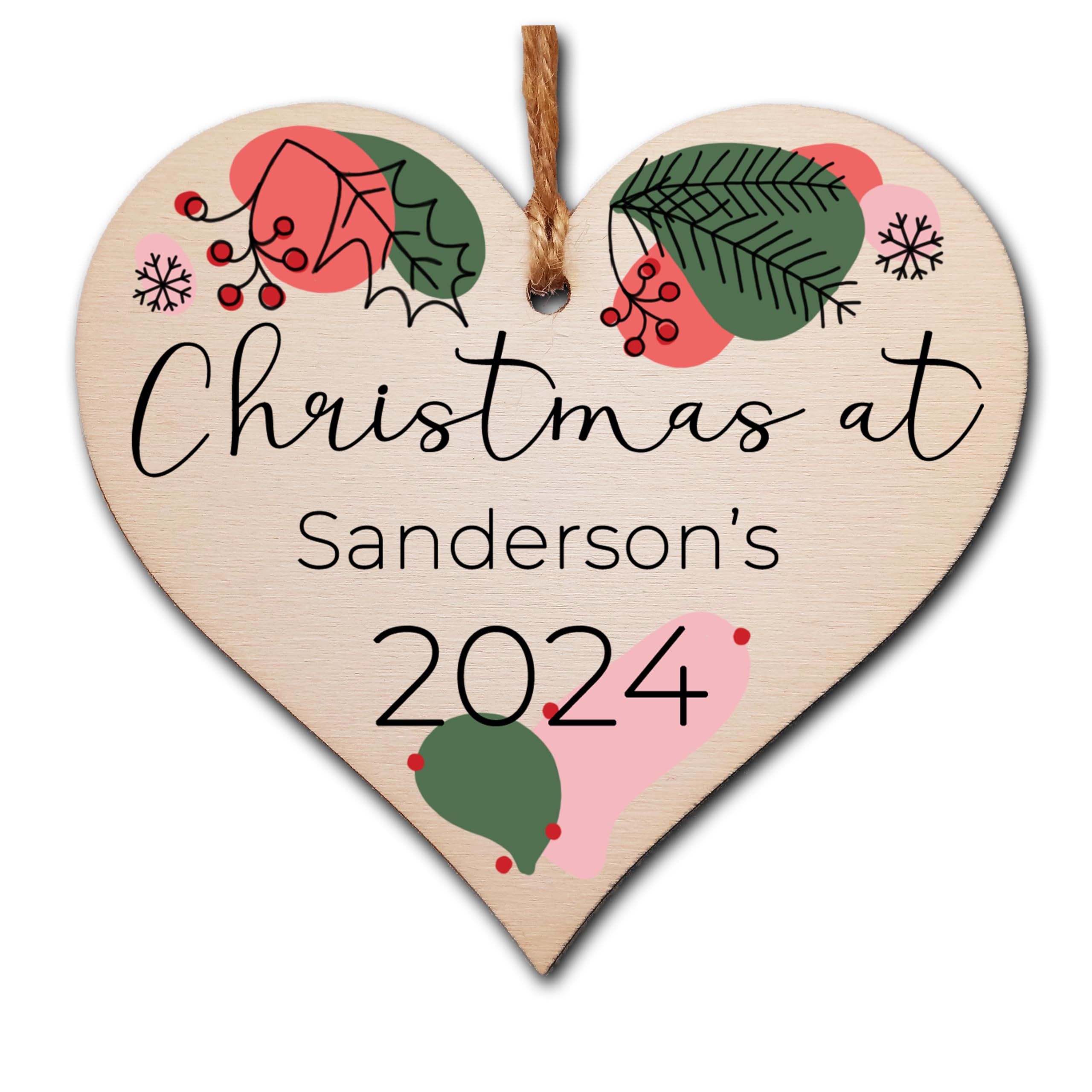 Personalised Handmade Wooden Hanging Heart Plaque Christmas Tree Bauble 2024 Festive Christmas At Family Celebration Decoration