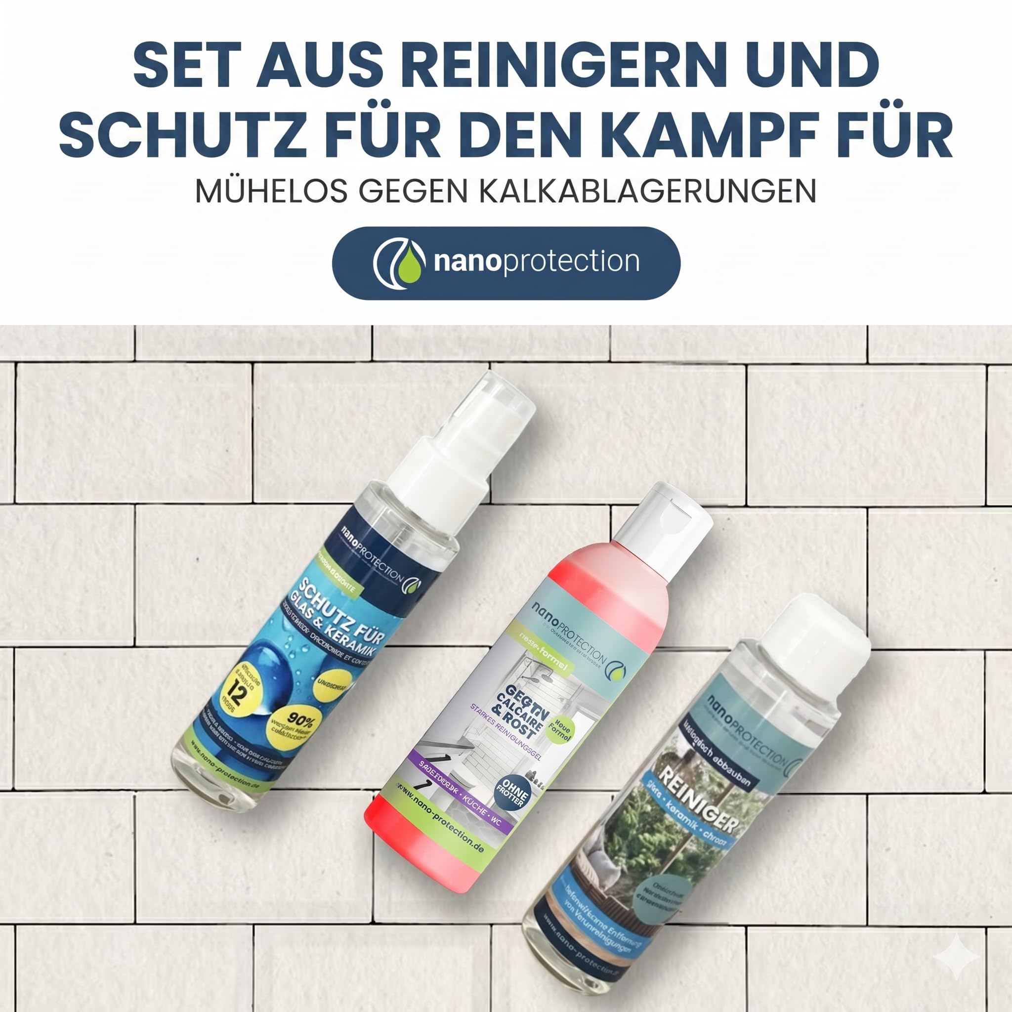 NANOPROTECTION – Anti-Kalk Pflege-Set Für Duschwand Und Badezimmer | Kraftvoller Reiniger Und Langzeitschutz | Anti-Tropfen-Effekt | Für Glas, Waschbecken Und Fliesen