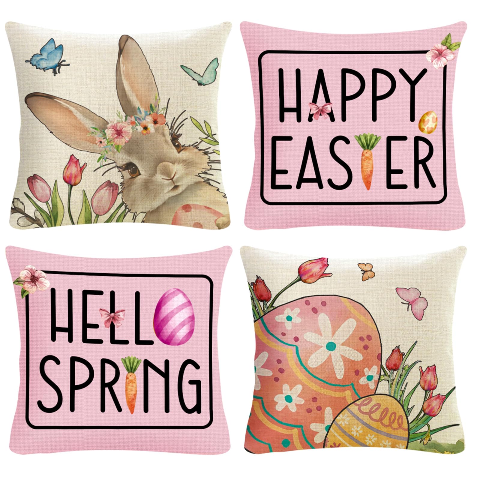 Pycat Happy Easter - 4 Federe Cuscino 45x45 Cm Decorazione Pasqua Con Coniglietti