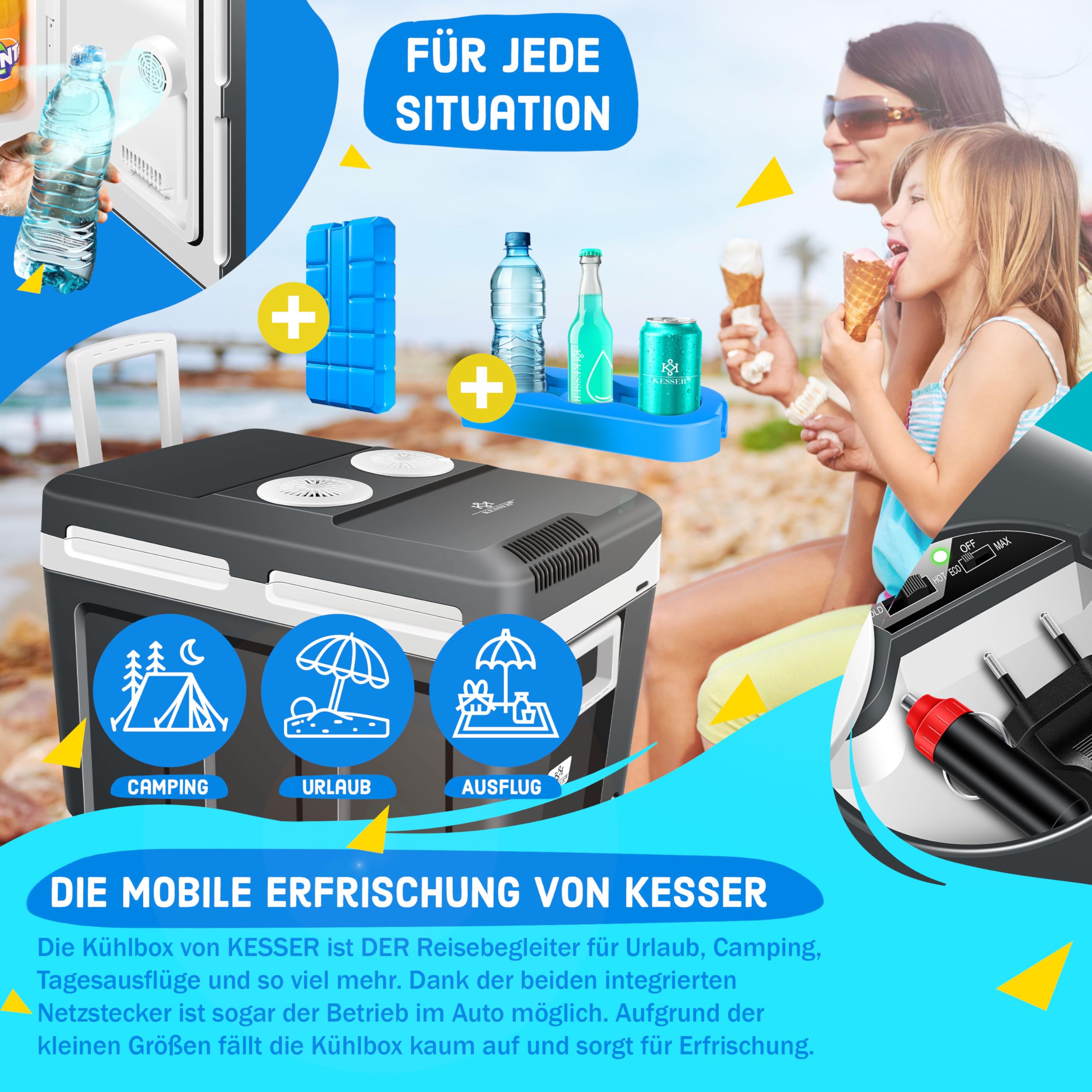KESSER Kühlbox 40L mit Rollen Thermo-Elektrische Kühlbox 12V 230V ECO MAX Modus