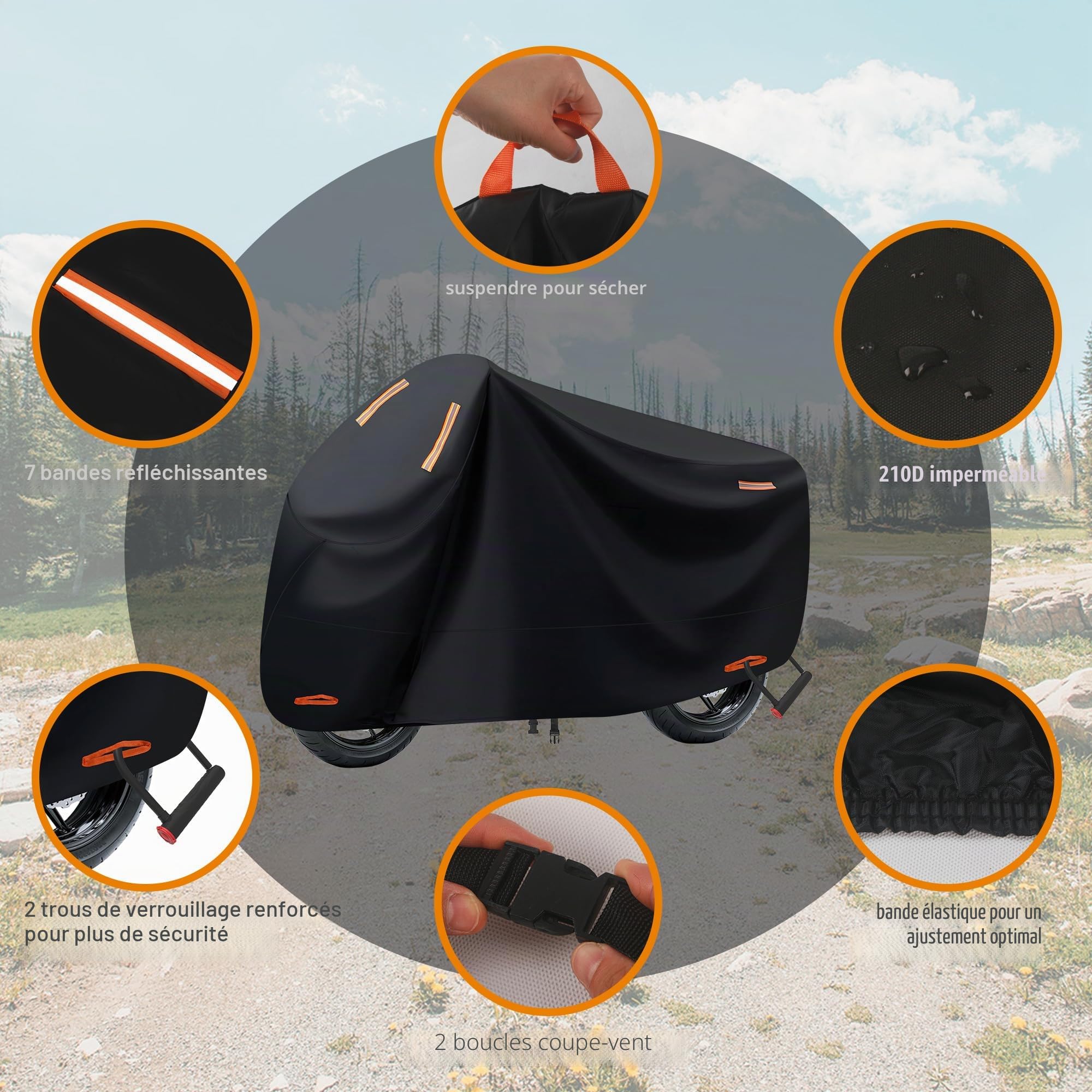 Bache Moto, Bache Moto Exterieur Etanche, Protection extérieure Contre Le Froid et Le Soleil avec Trou de Serrure, Housse Moto Exterieur adaptée à Une variété de modèles (245x105x125 cm)