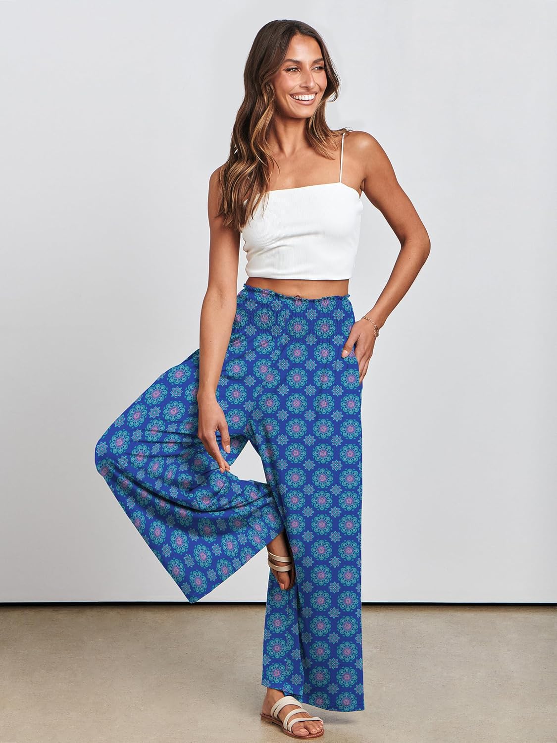 ANRABESS Women Palazzo Pants Summer Boho Bagyy Wide Leg High Smocked Waist Casual Loose Lounge Pant with Pocket - Image 8