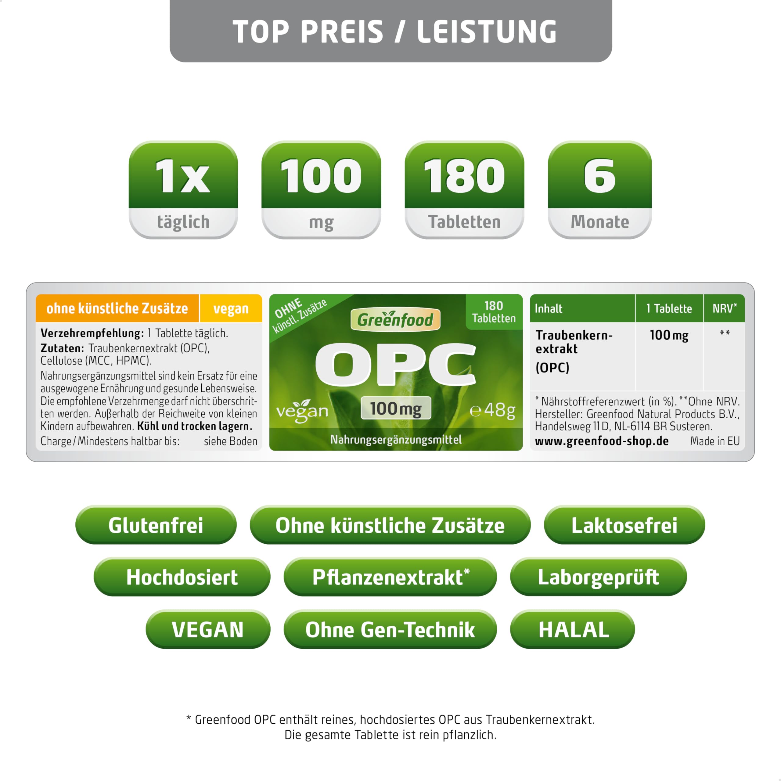 OPC (Traubenkernextrakt), hochdosiert, 100mg - 180 Tabletten, vegan. Reines, hochdosiertes OPC - der Super Antioxidant. OHNE künstliche Zusätze - laborgeprüft. Von Greenfood.