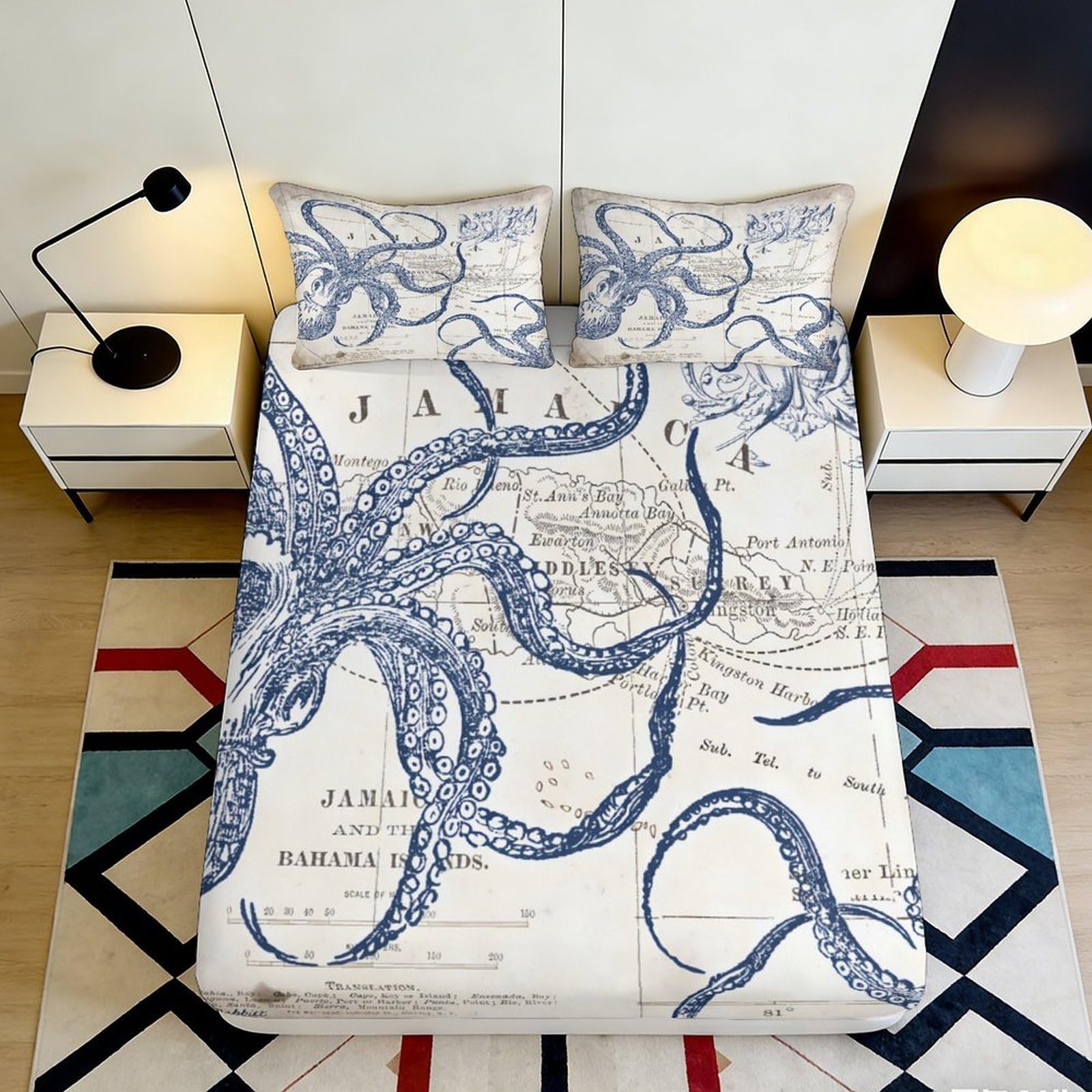 3D Printed Ocean Octopus Fitted Sheet Microfiber Non-Slip Deep Pocket Marine Mattress Fitted Cover Washable Bedroom 160x200x25cm