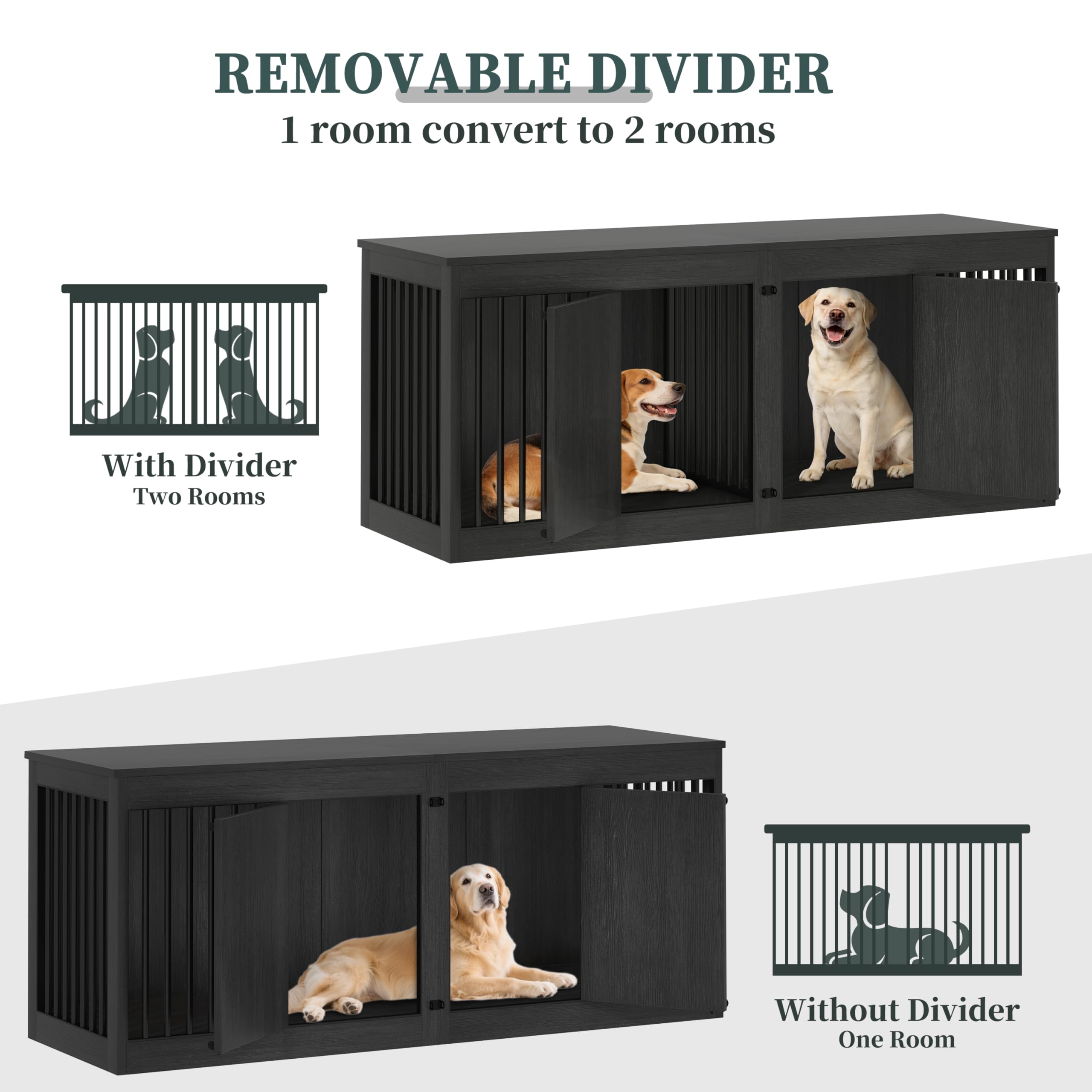 Hundekäfig Möbel für 2 Groß Hunde, 183cm Übergroß Hundebox für Zuhause mit Abnehmbare Trennwand und 2 Türen, Indoor Holz Hundekäfig als Beistelltisch & TV Schrank, 183x60x75cm, Dunkelgrau