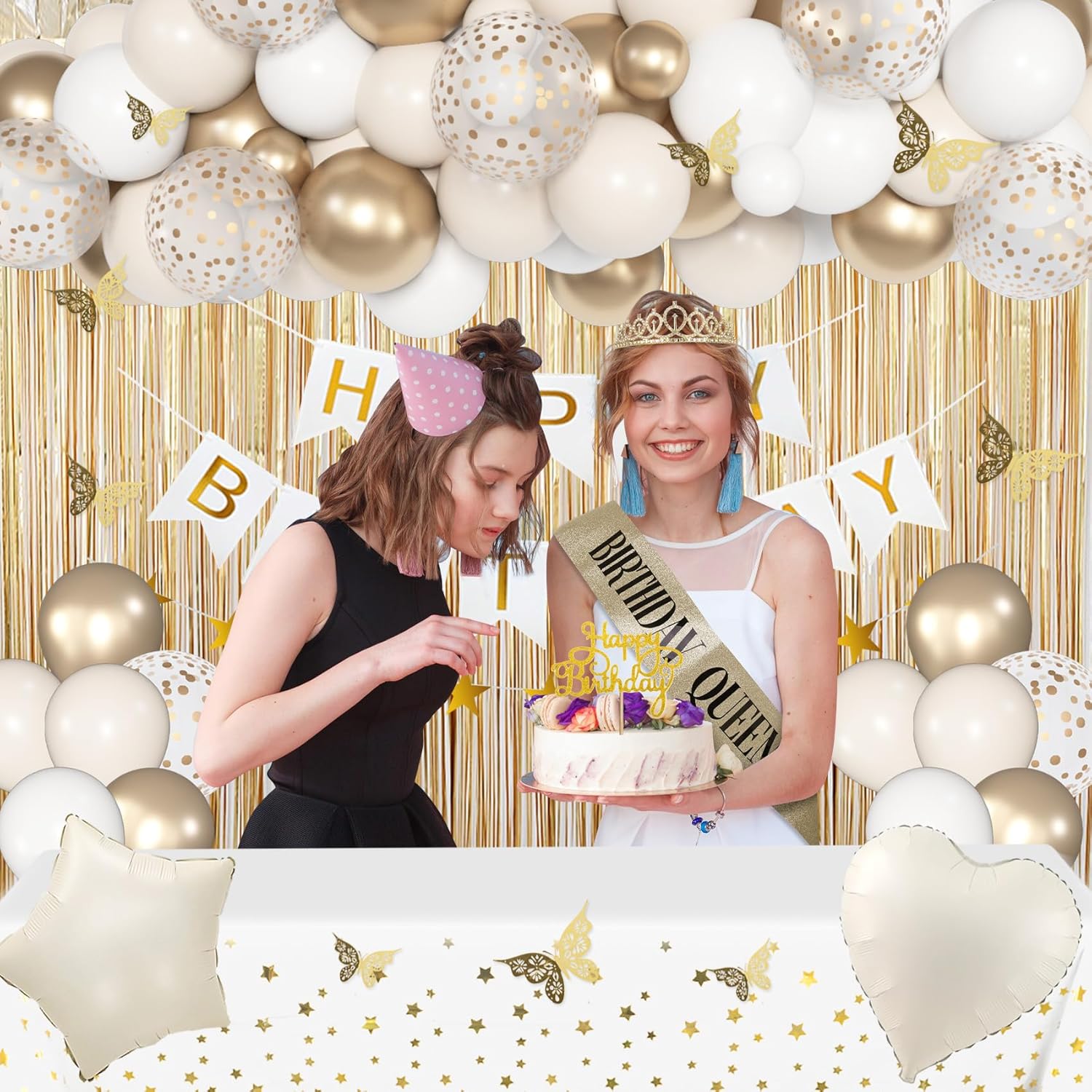 Birthday Decorations for Women, White Sand Beige Cream Neutral Gold Foil Balloons Table Cloth Sash Crown Curtains Happy Birthday Banner Golden Star Garland Butterfly Boho Party Supplies - Image 6