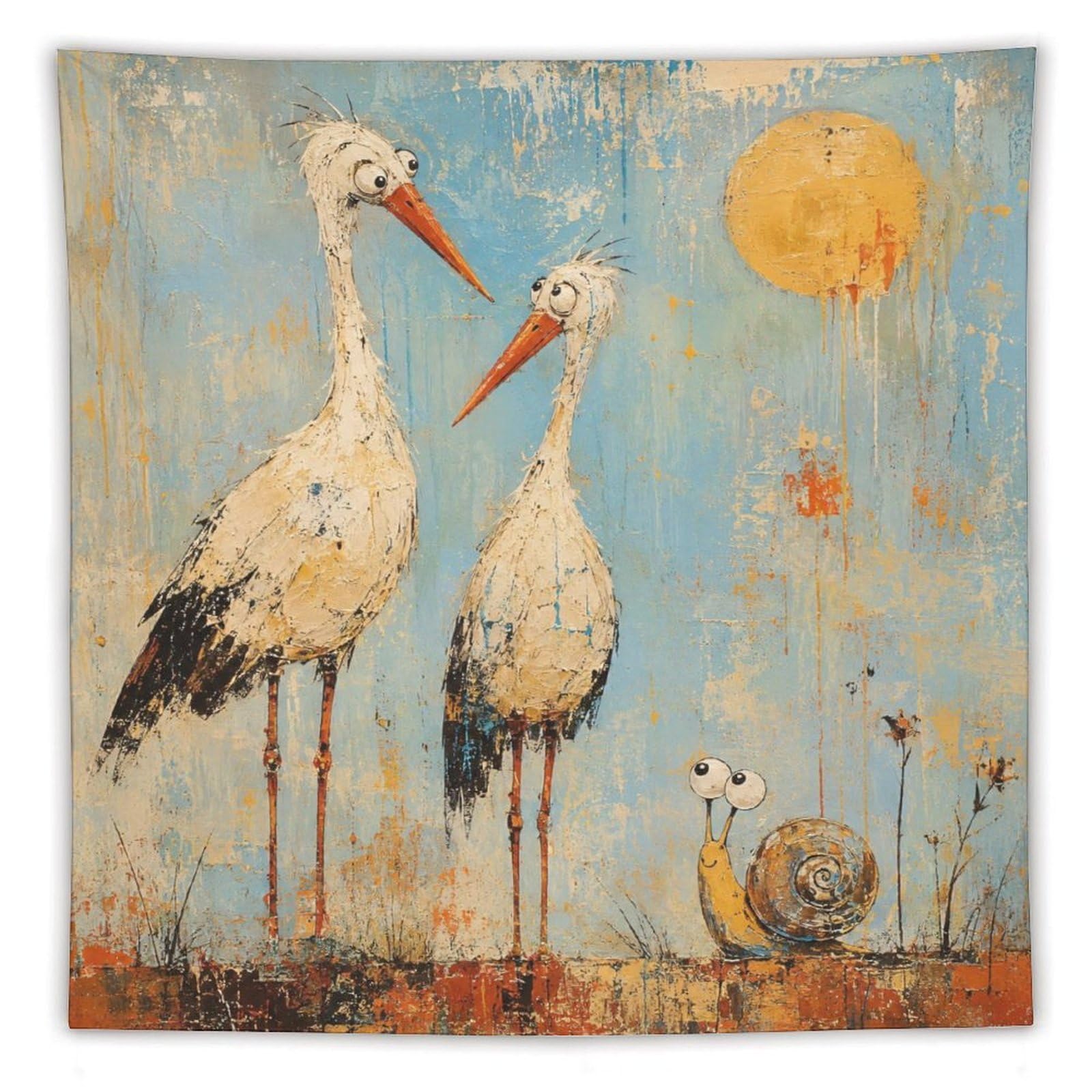 W7C8U2X3 Storks with Snail Wall Tapestry, Folk Art Style, Whimsical Bird