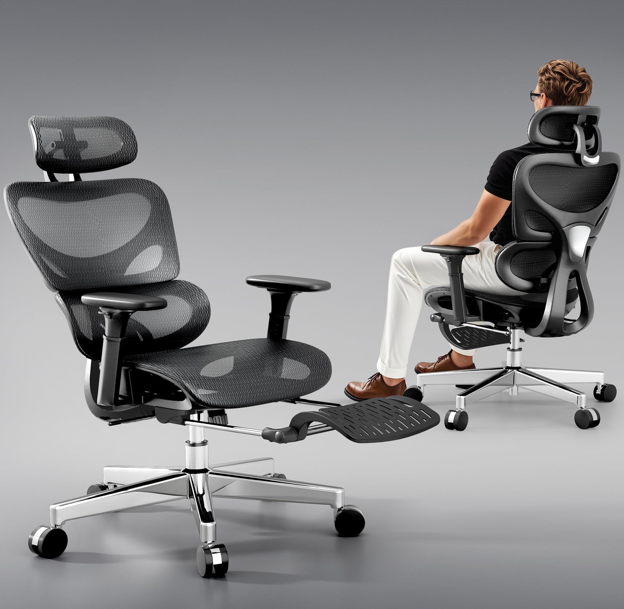 HuugerMesh Office Chair with Footrest, Ergonomic Desk Chair with Lumbar Support, Comfortable, Multi-tilt Angle Backrest, Headrest and 3D Armrest, Large Steel Base, Black