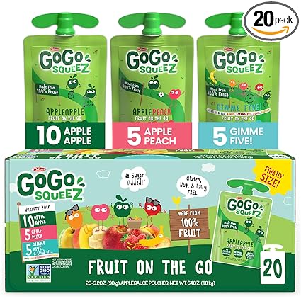 GoGo squeeZ Applesauce and Fruit Puree Variety Pack, Apple, Peach & Gimme Five!, 3.2 oz (Pack of 20), Unsweetened Fruit Snacks for Kids, Gluten Free, Nut Free, BPA Free Pouches (Packaging May Vary)