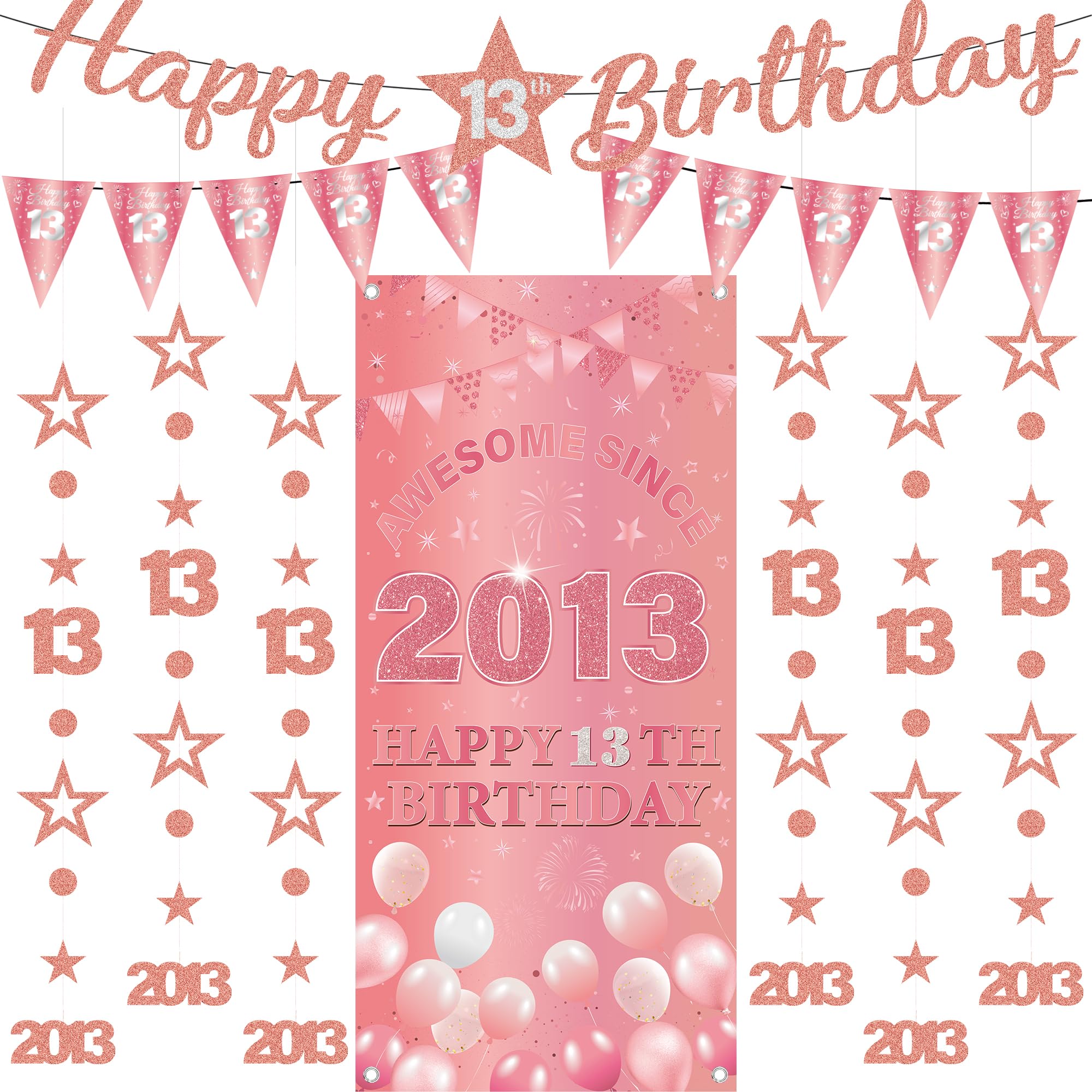 13th Birthday Decorations Girls Banners - 9 Pcs Rose Gold Happy Birthday Banner Awesome Since 2013 Curtain Twinkle Star Dot Hanging Streamer Pennant for Girl 13 Years Old Party Wall Decor Supplies