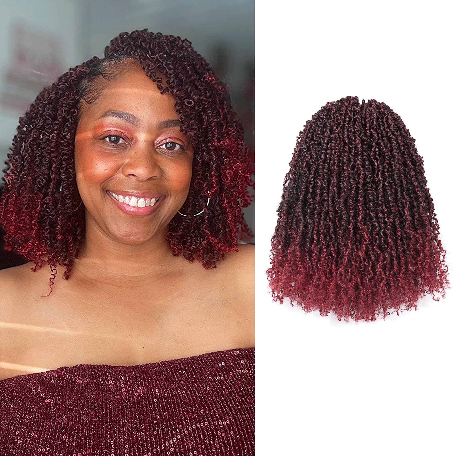 Toyotress Yanky Twist Crochet Hair - 12 Inch 8 Packs (30 Strands/Pcs) Fluffy Spring Mini Twist Short Bob Passion Twist, Ombre Burgundy Pre-Looped