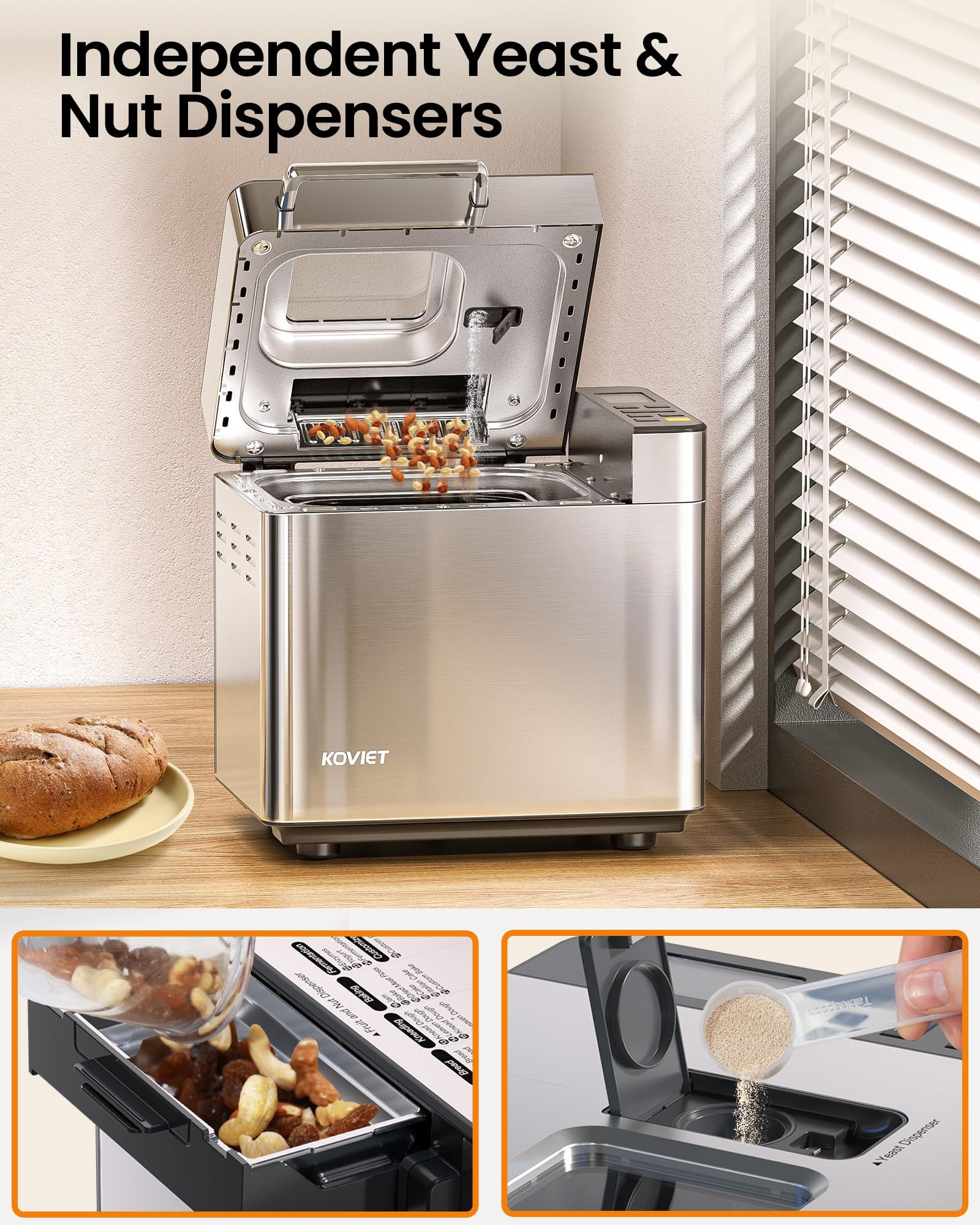 Máquina para hacer pan 25 en 1 con dispensador doble automático, panificadora de acero inoxidable de 2 libras con ajustes sin gluten, masa, mermelada, yogur, etc., color plateado 3