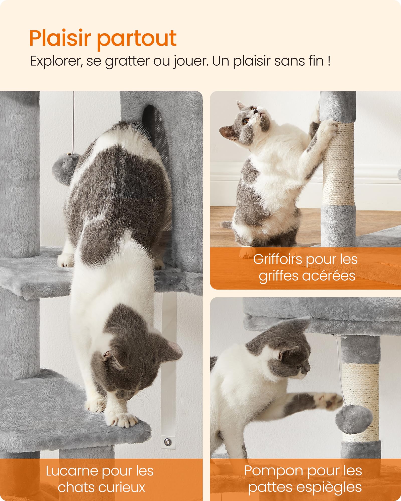Feandrea Arbre à Chat Hauteur 143 cm, Tour de Jeux pour Chats, avec 4 Poteaux à Griffer, 2 Plateformes, 1 Niche, 1 Hamac, 2 Pompons, en Tissu Peluche, Multi-Niveaux, Gris Clair PCT161W01