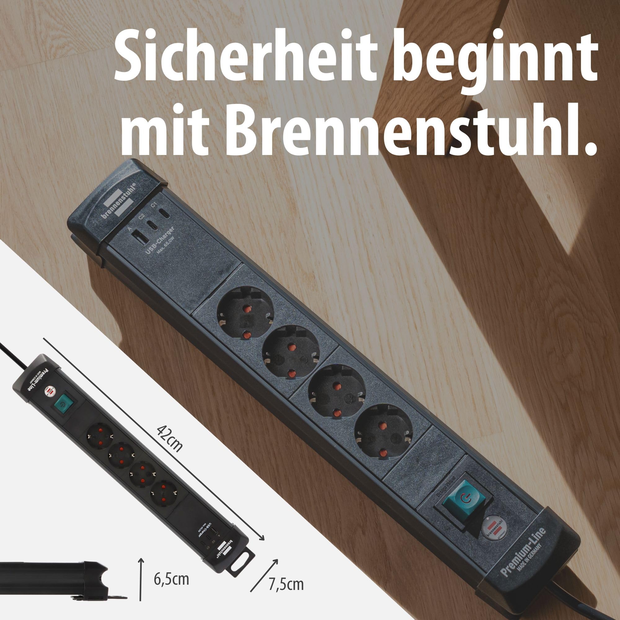 Brennenstuhl Premium-Line Steckdosenleiste 4-Fach mit 2X USB C PD 65W und USB A 18W (Made in Germany, Mehrfachsteckdose mit Schalter und 3m Kabel, Steckerleiste zur Wandmontage) schwarz