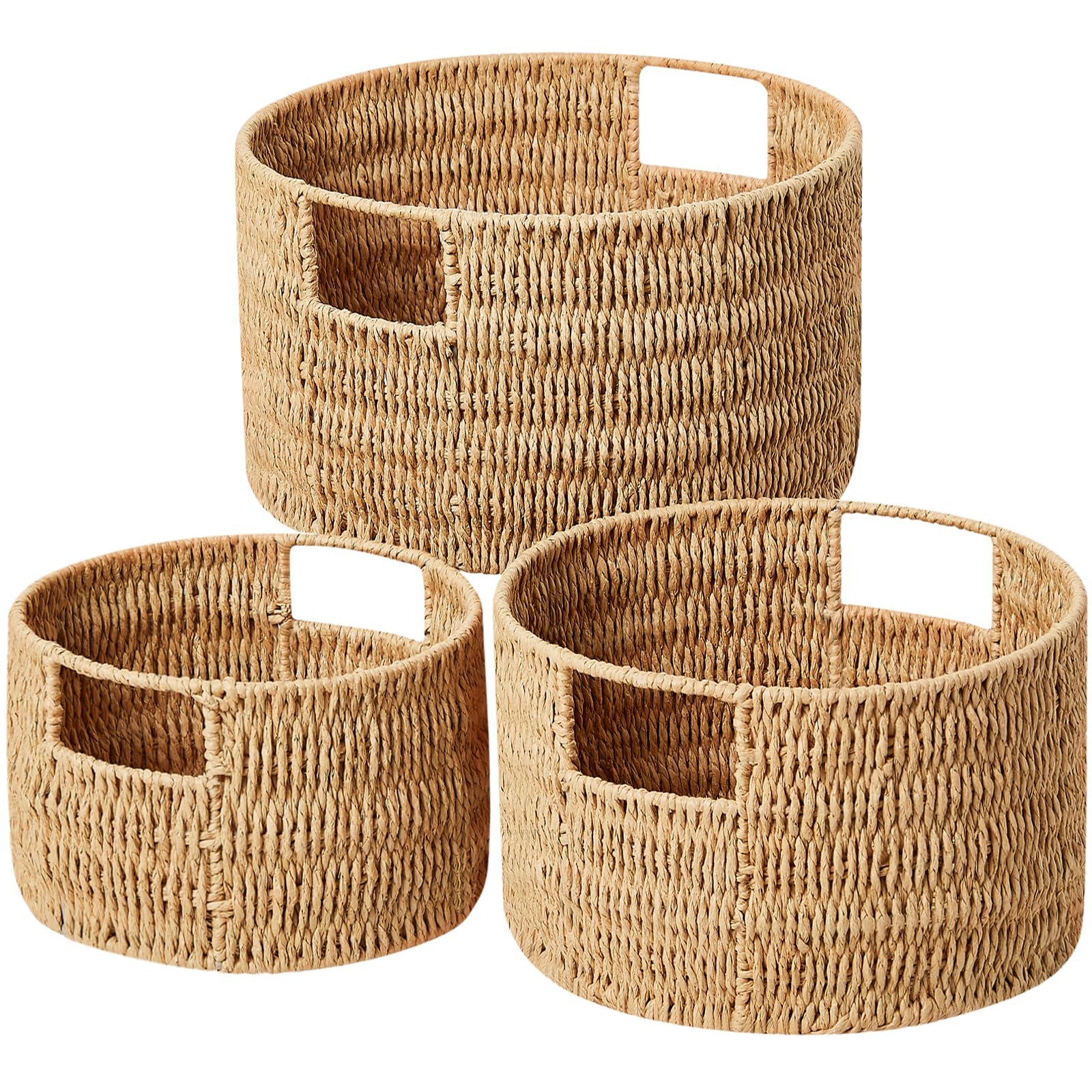 Vagusicc Aufbewahrungskorb rund 3er Set, Decorasian Korb Aufbewahrung mit Holzgriffen, Geschenkkorb leer aus Recyclebarem Papierseil für Schlafzimmer, Badezimmer, Wohnzimmer, Jute