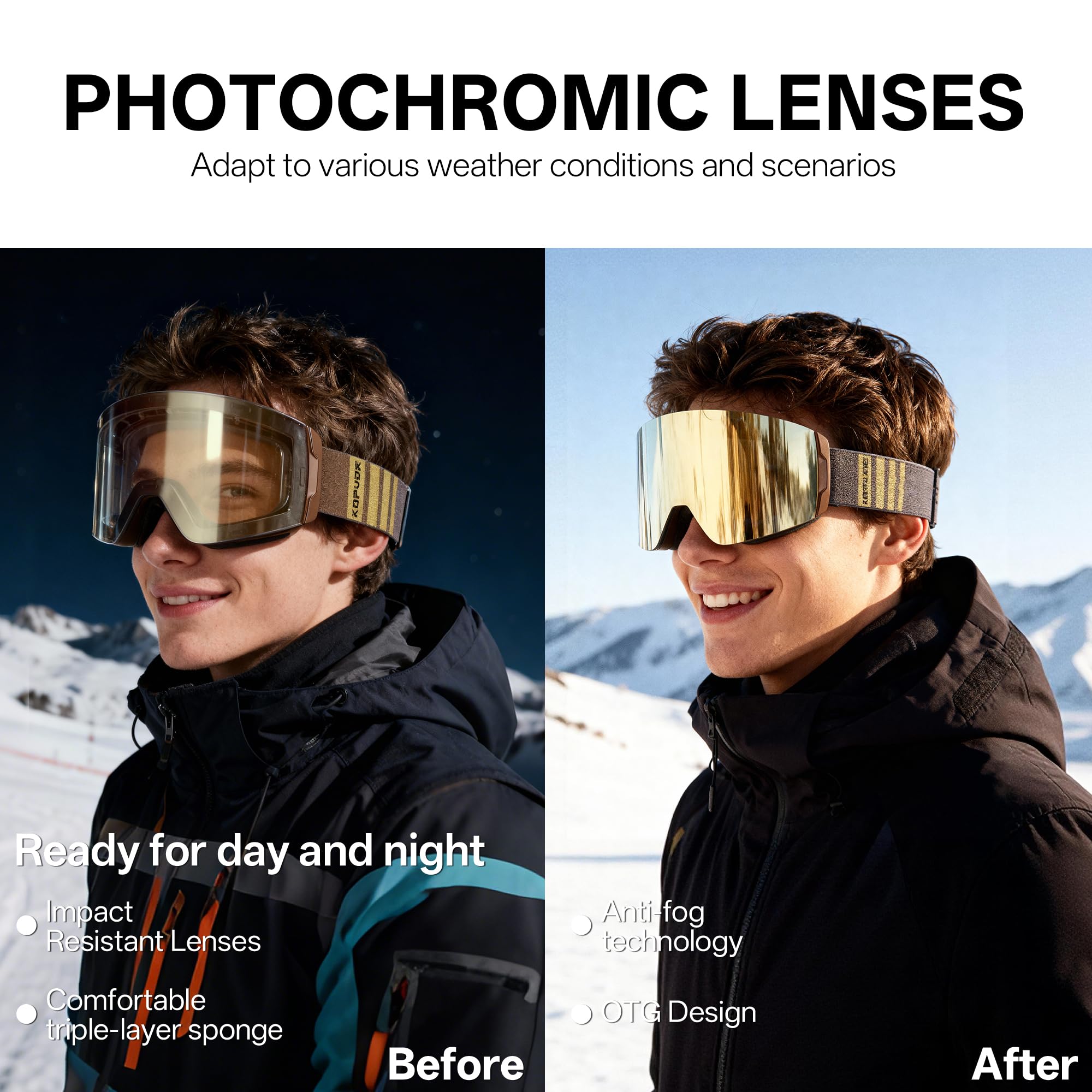 KAPVOE Maschera da Sci Fotocromatica con OTG Lenti Magnetiche, Antifog, Protezione UV400, Compatibile con Caschi K0718