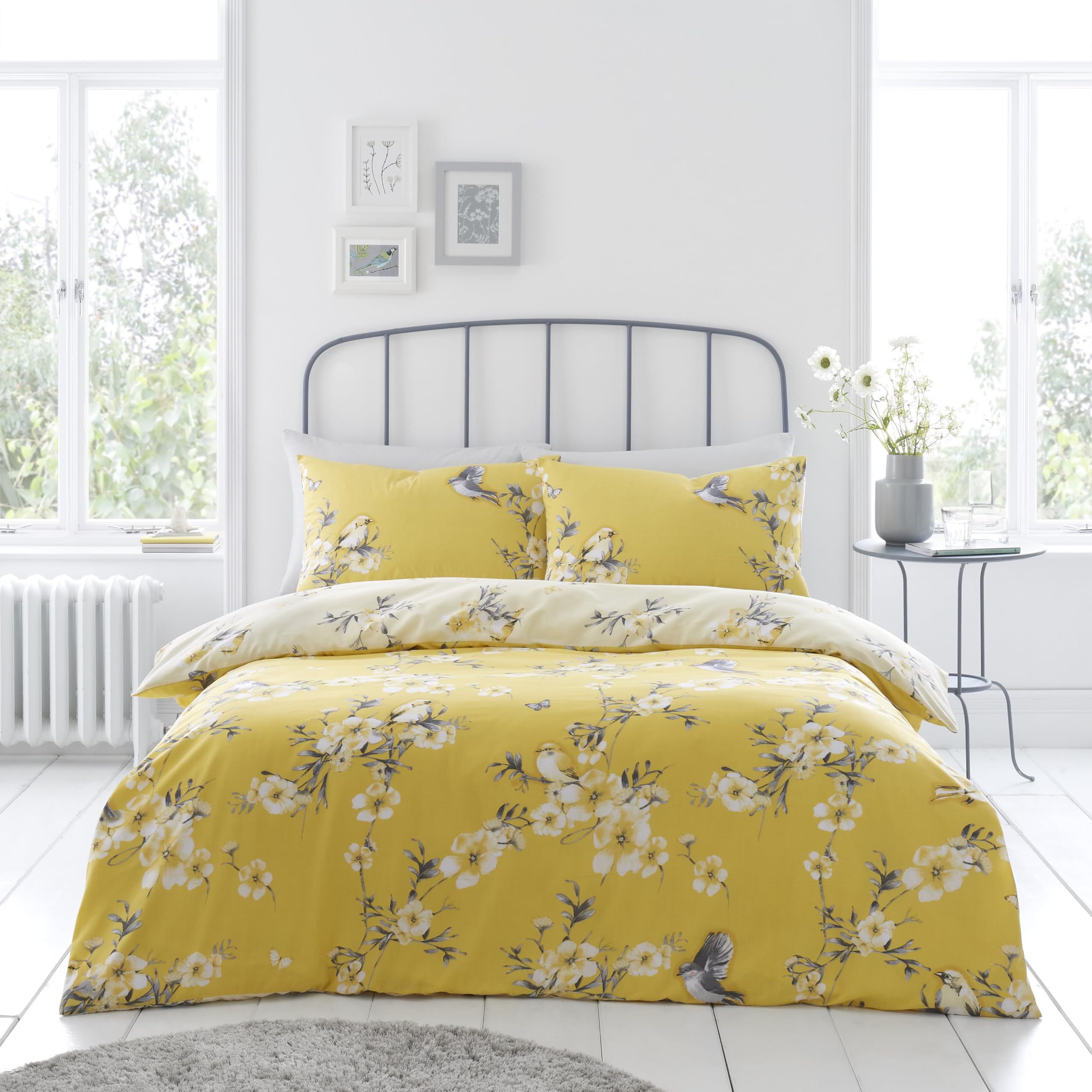 Gc Gaveno Cavailia Ochre Birdie Blossom Duvet Cover Sets | Sparrow Kingsize Quilt Bed Cover Set With Matching Pillowcases | Reversible Polycotton Floral Bedding Set |