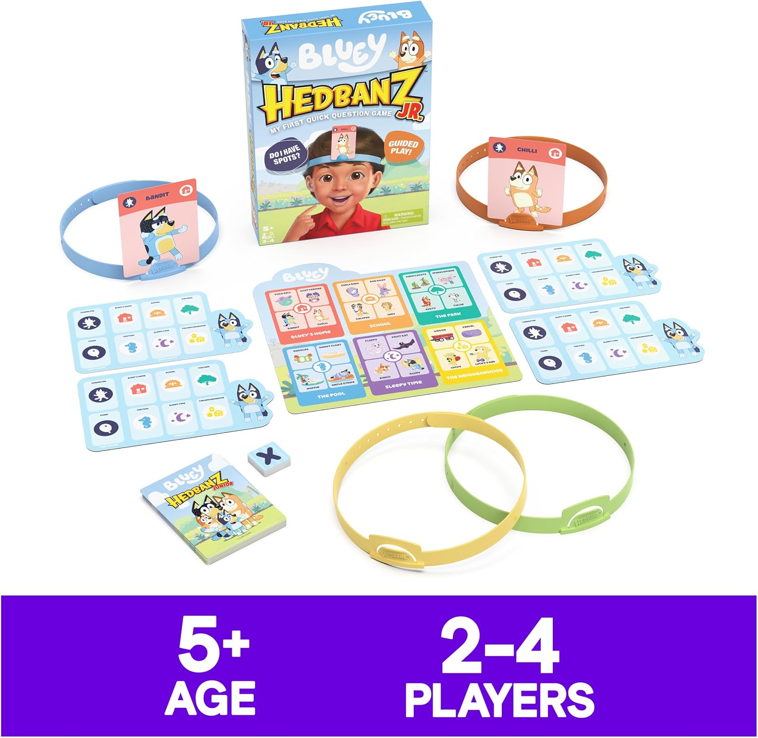 Spin Master Games, Bluey Hedbanz Jr., Picture Guessing Card Game, Includes Illustrations from Bluey, Easy to Play for Family & Kids, 2-4 Players, for Ages 5 & Up