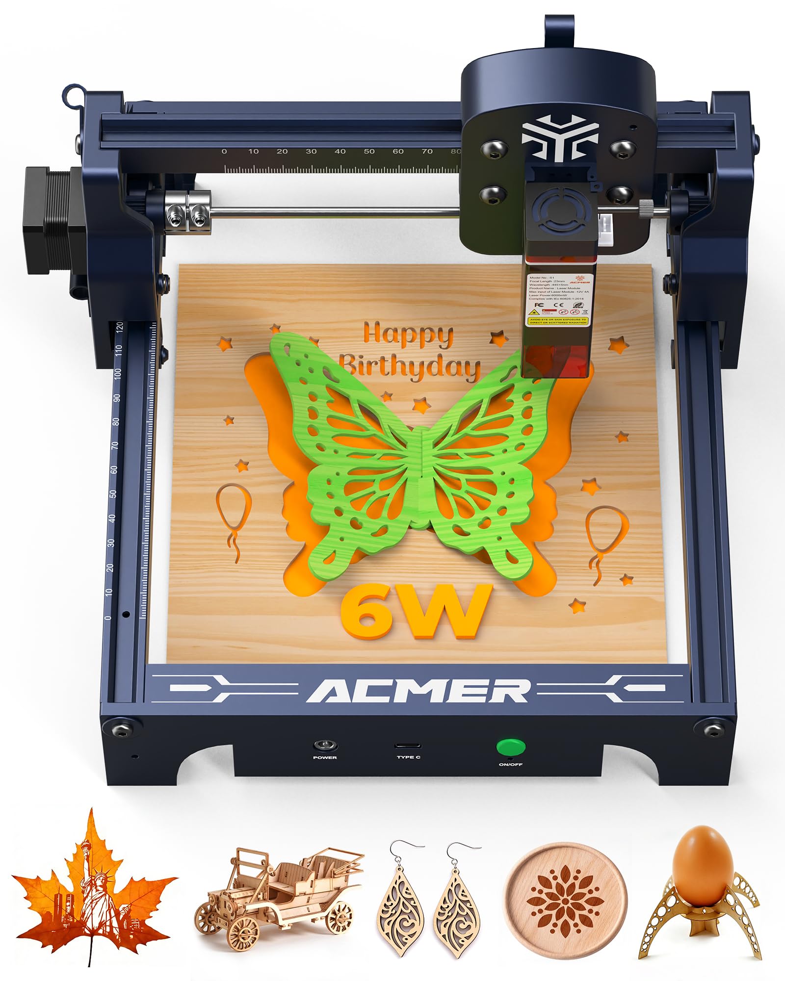 Graveur Laser ACMER 6W Machine a Graver Laser, Surface de Gravure 130×130mm,Découpe Laser 10000mm/min,Précision 0,01mm,graveur laser bois métal et verre Bois, Métal,Cuir