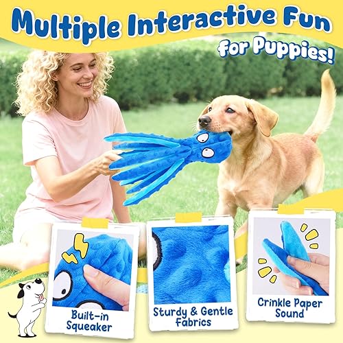 Miniatura 3 de KIPRITII Paquete de 9 juguetes interactivos para cachorros para perros pequeños, juguete chirriante en forma de pulpo, lindo peluche y juguetes