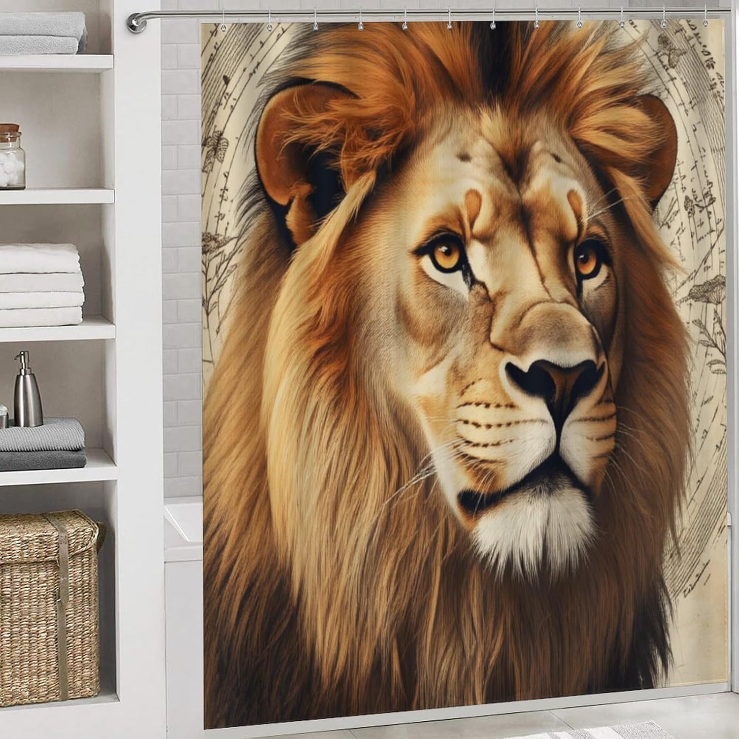 4PCS Vintage Lion Plant Brown Shower Curtain Set 72W X 72L, Nature Manuscript Herb Flower Print Bathroom Decor, Toilet Lid Cover Non-Slip Rugs and U-Shaped Mat Set 12 Hooks