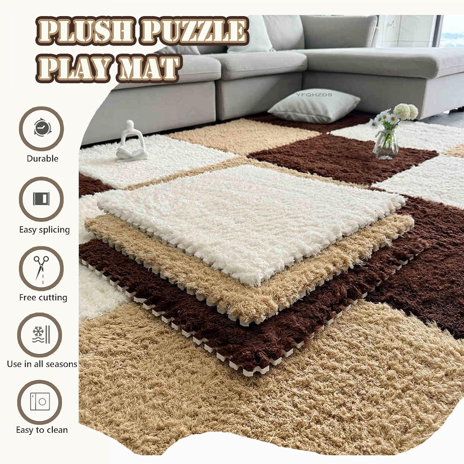 10 STÜCKE Puzzle-Fußmatten Plüsch ineinander greifende Schaumstoffmatten mit Rand 60x60 cm Große Flauschige Bodenfliesen(Rose Red)