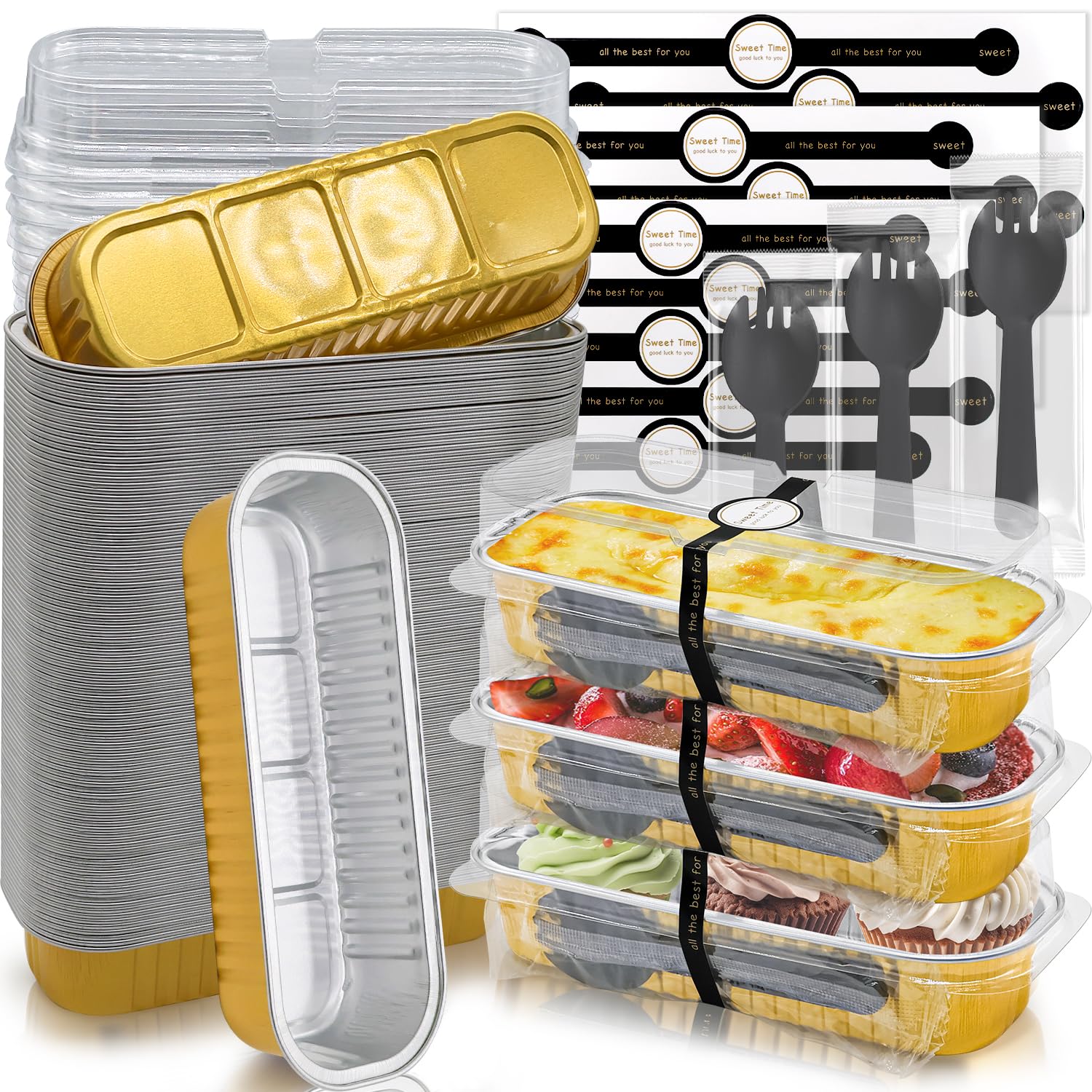 YuleNova 100 Sets Mini Loaf Baking Tins with Lids and Spoons, 200ml(7oz) Aluminum Foil Baking Trays Mini Cake Tins Containers for Bread Cake, Gold