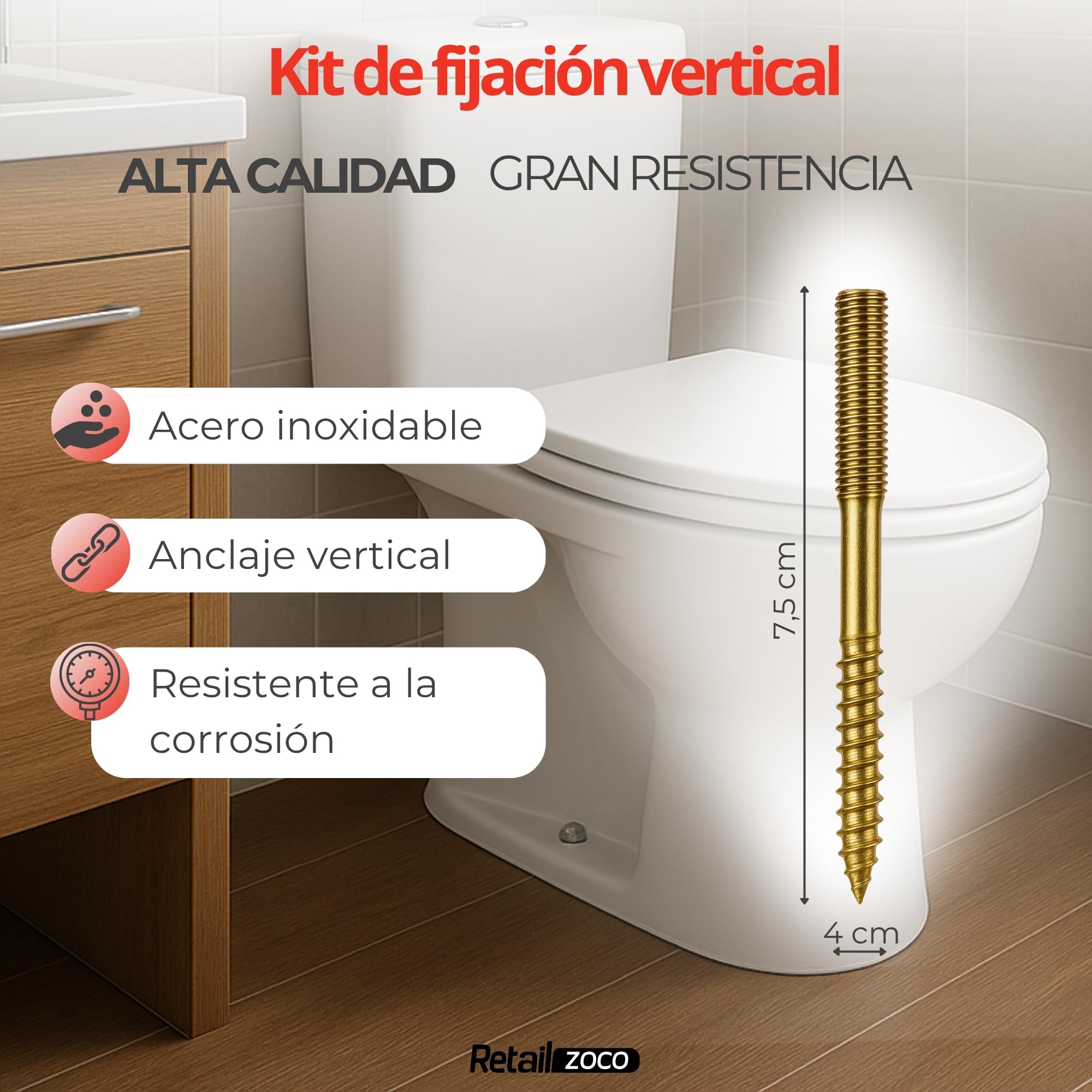 Tacos de acero inoxidable para inodoro y bidé de suelo con orificio vertical, Kit de fijación vertical para WC, Tornillo para bidé vertical, Acero Inoxidable, Pack de 2 tornillos