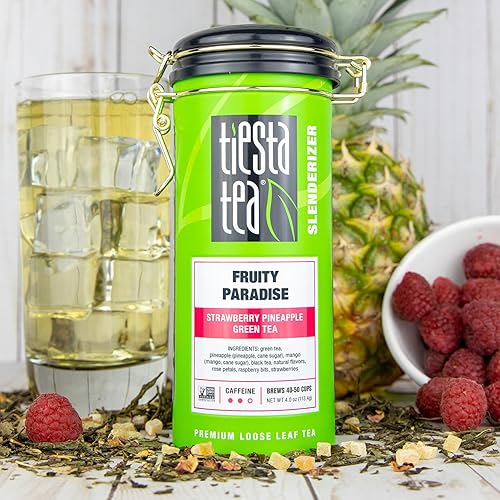 Miniatura 2 de Tiesta Tea Fruity Paradise Té verde de hojas sueltas de fresa y piña cafeína media té caliente y helado bolsa de 4 onzas 50 tazas Té verde de hoja