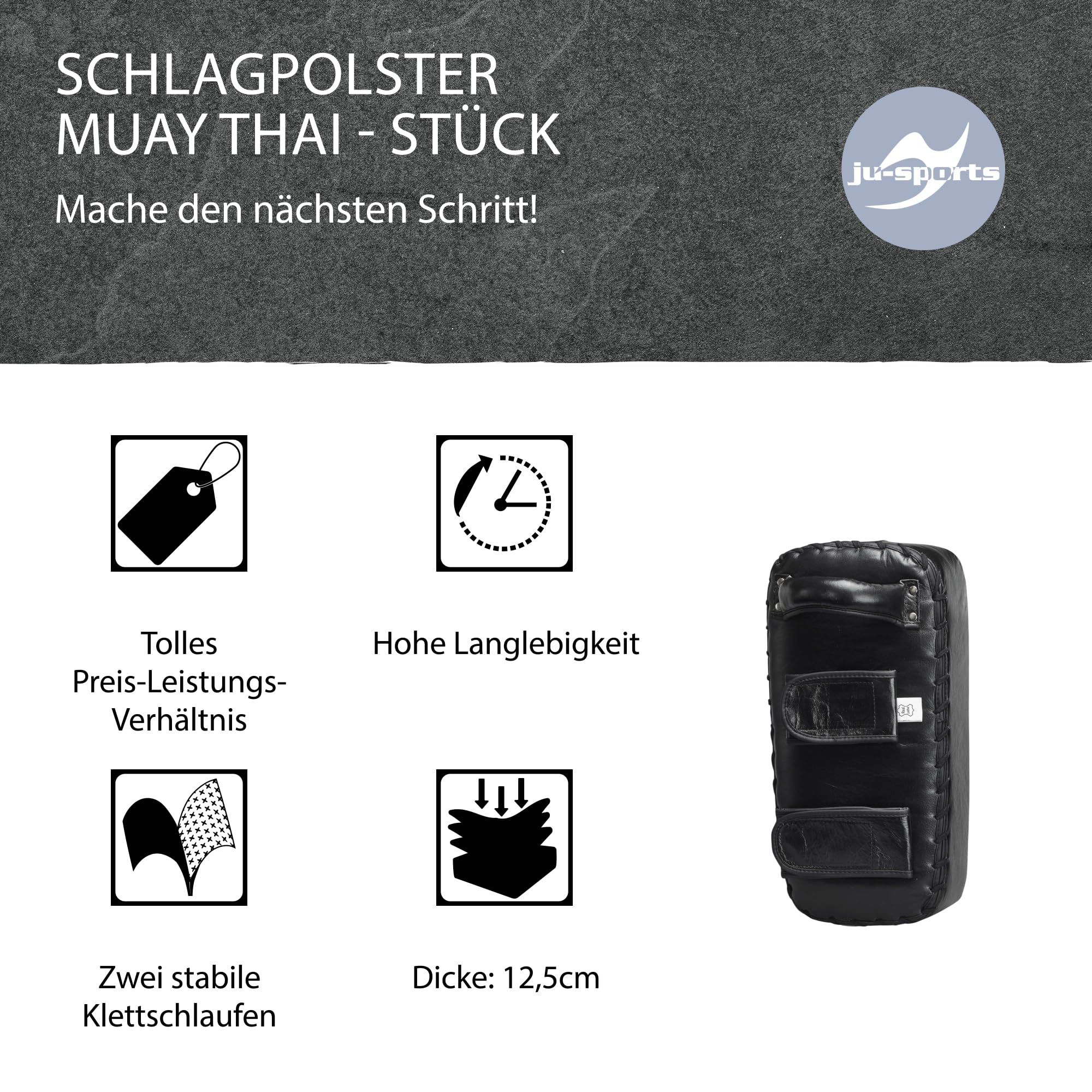 Ju-Sports Schlagpolster Kampfsport Muay Thai 1 STK. I Große Pratze aus Leder ideal zum Trainieren von Kicks I 2 Klettschlaufen für Halt I 41x21x12,5cm