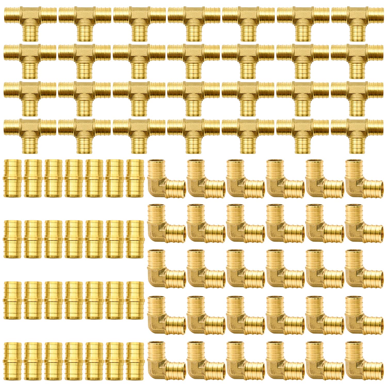 3/4in PEX Fittings, 90 PCS PEX Fittings, lbow TEE Straight Couplings Set, PEX Brass Crimp Fitting Combo with Tees"T", Elbows, Straight (3/4", 15pcs)