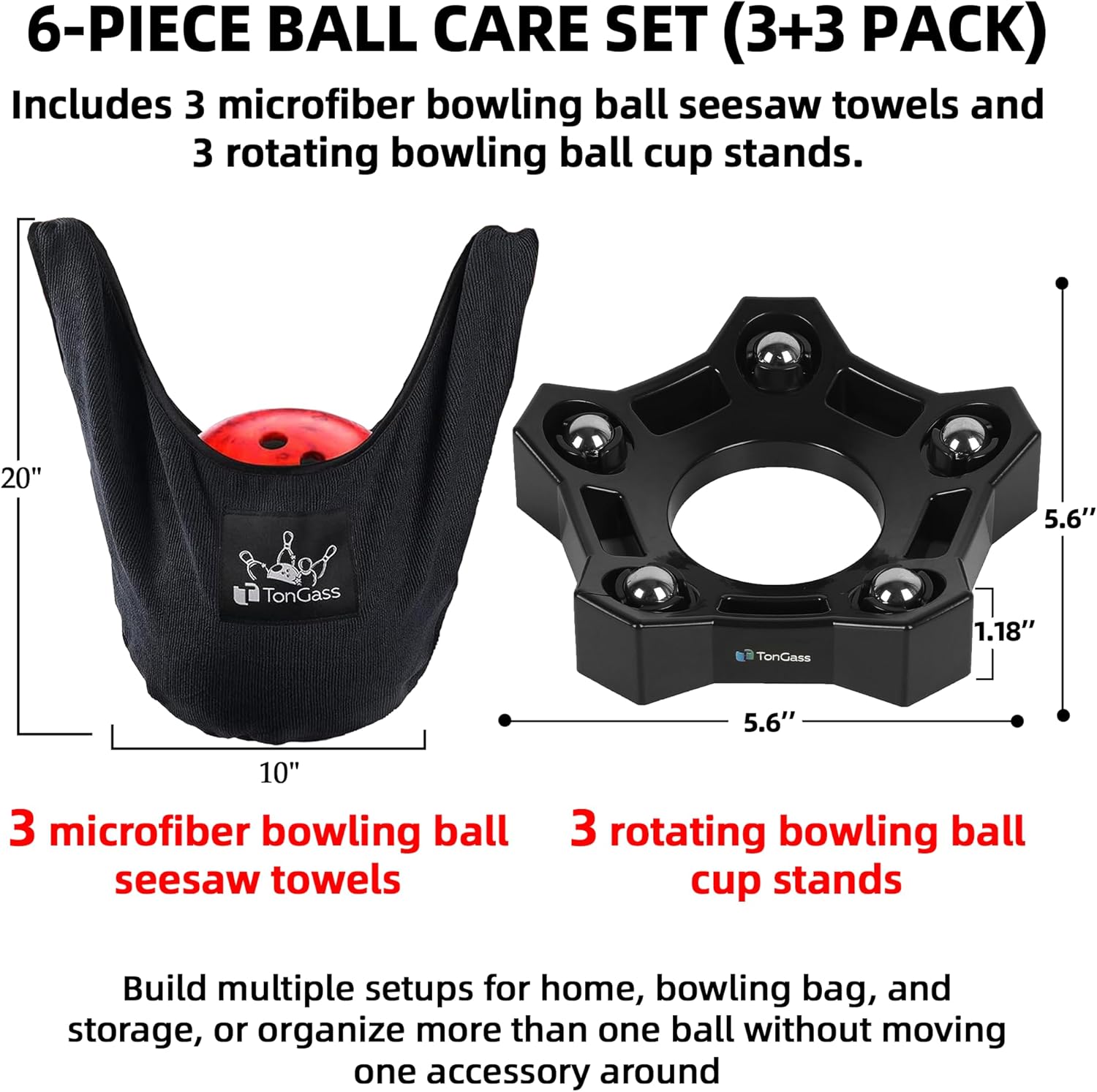 TonGass Bowling Seesaw Towel 3-Pack with Rotating Bowling Ball Cup 3-Pack, Microfiber Bowlings Ball Polisher Towels and Bowlings Bearing Spinner Cup Stands for Cleaning, Polishing & Storage - Black