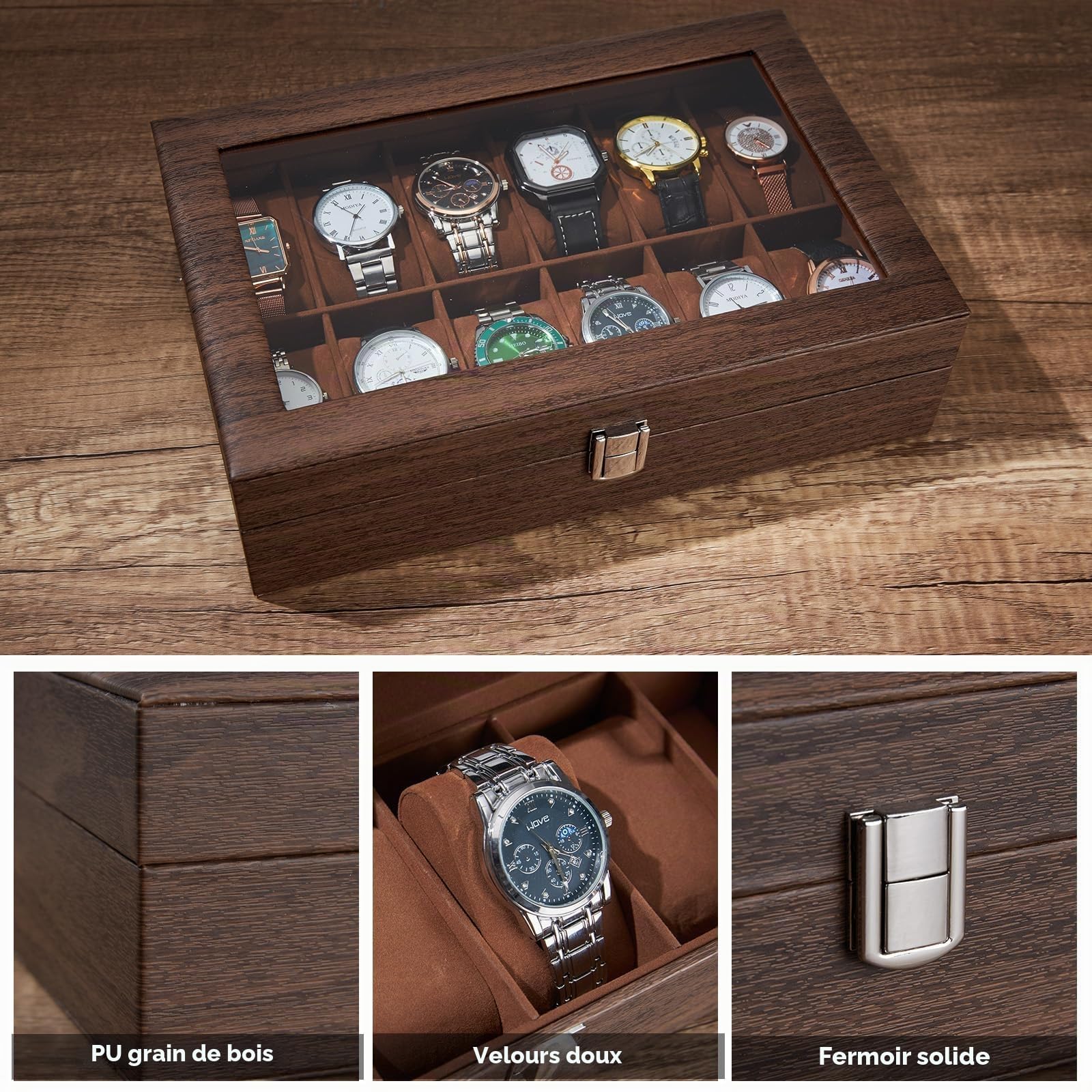 Ohuhu Boîte à Montres à 12 Emplacements, Coffret à Montres avec Couvercle en Verre et Coussins Amovibles en Velours, Boite a Montre Homme, Cadeau pour Anniversaire Fête des Pères Noël