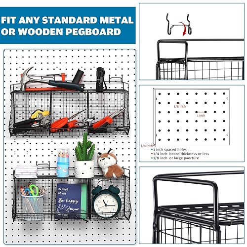 Miniatura 4 de Huwena Juego de 2 cestas escalonadas para tablero perforado con 4 ganchos para tablero de clavijas, sistema de almacenamiento de piezas de tablero