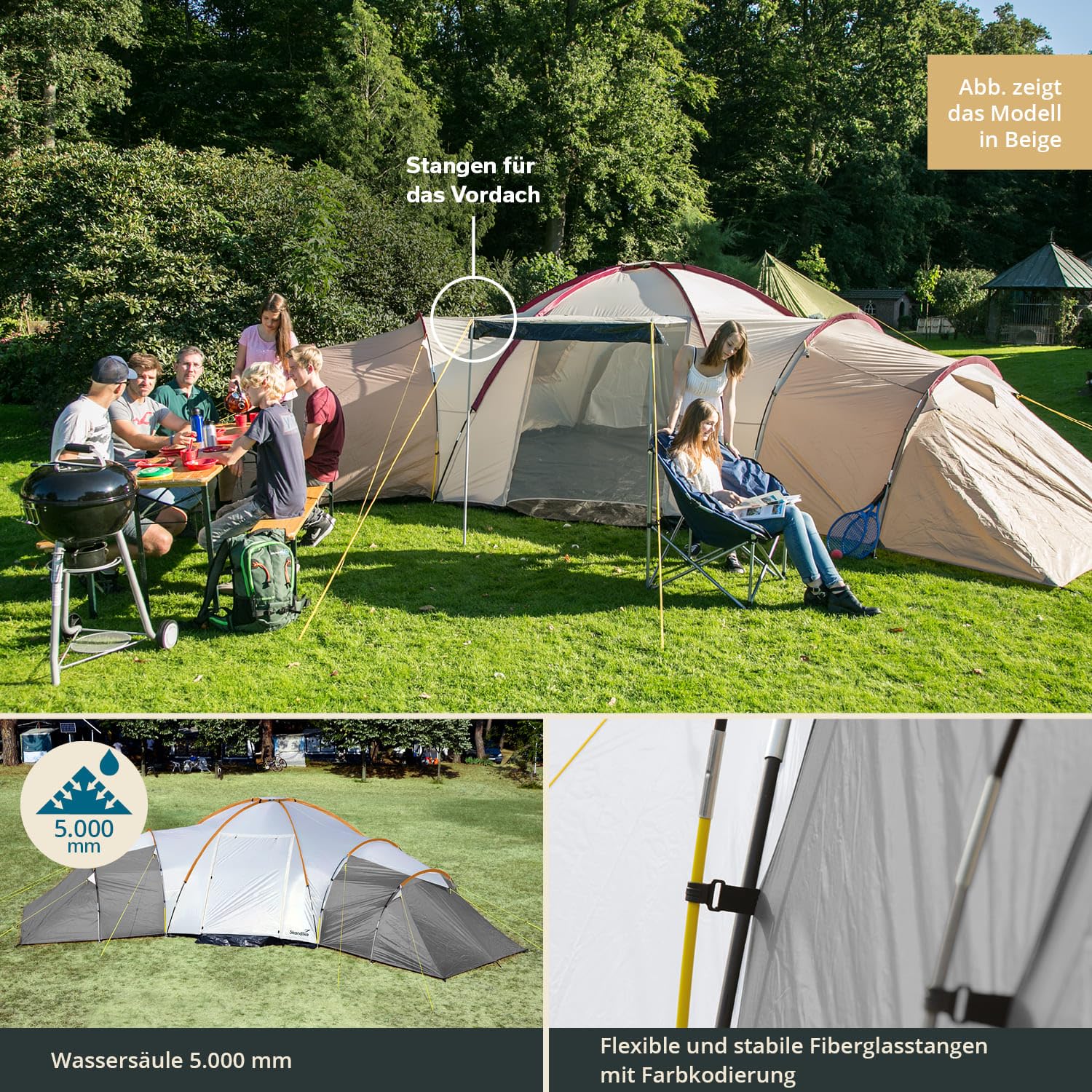 Skandika Korsyka/Turyn namiot kopułowy dla 10-12 osób, duży namiot rodzinny, 3 sypialnie, wysokość 200 cm, słup wody 5000 mm | outdoor, kemping, rodzina