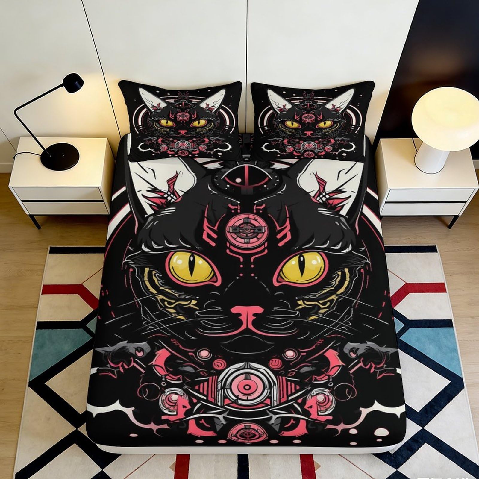 Uxinyoume Style-10 3D Printed Black Cat Fitted Sheet Microfiber Soft Breathable Mystic Pattern Mattress Cover For Bedroom Dorm Decor 90X200x25cm