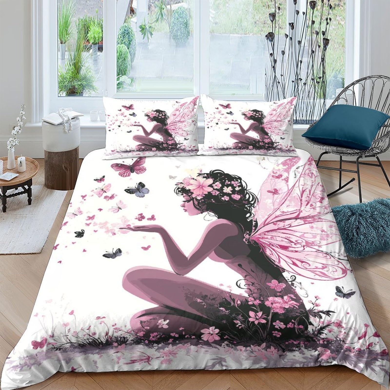 Ctjqhvkz Style-9 3D Printed Pink Fairy Fitted Sheet Microfiber Butterfly Silhouette Mattress Cover For Bedroom Decor Dustproof Easy Care Single（135X200cm）