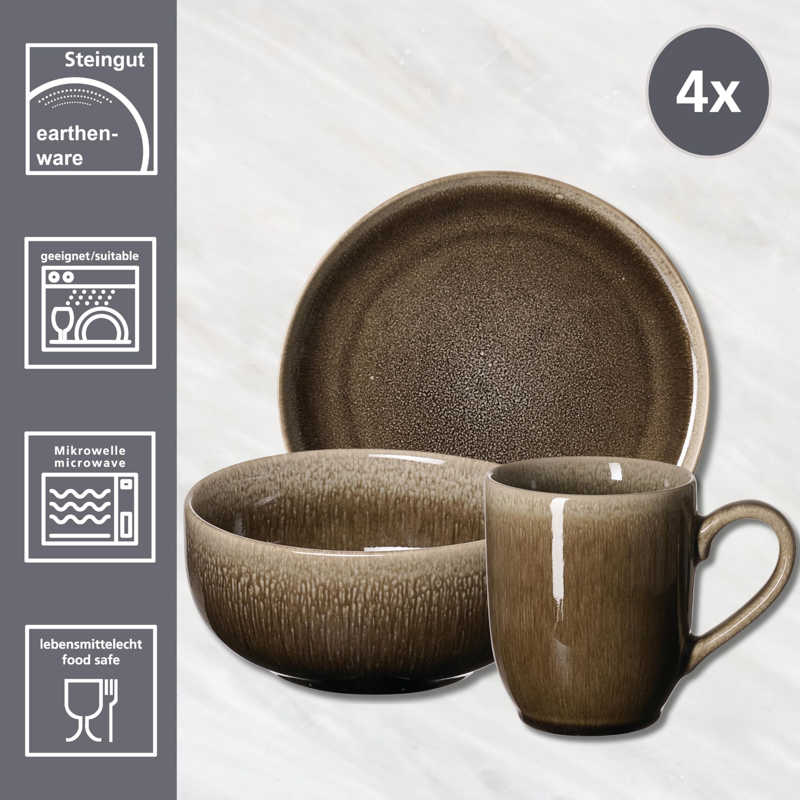Ritzenhoff & Breker Frühstücksset Eda Umbra, 12-teilig, Henkelbecher (350 ml) Müslischalen (16,5 cm) und Dessertteller (22 cm) für 4 Personen, Geschirr aus Reaktivglasur, Steingut, Braun