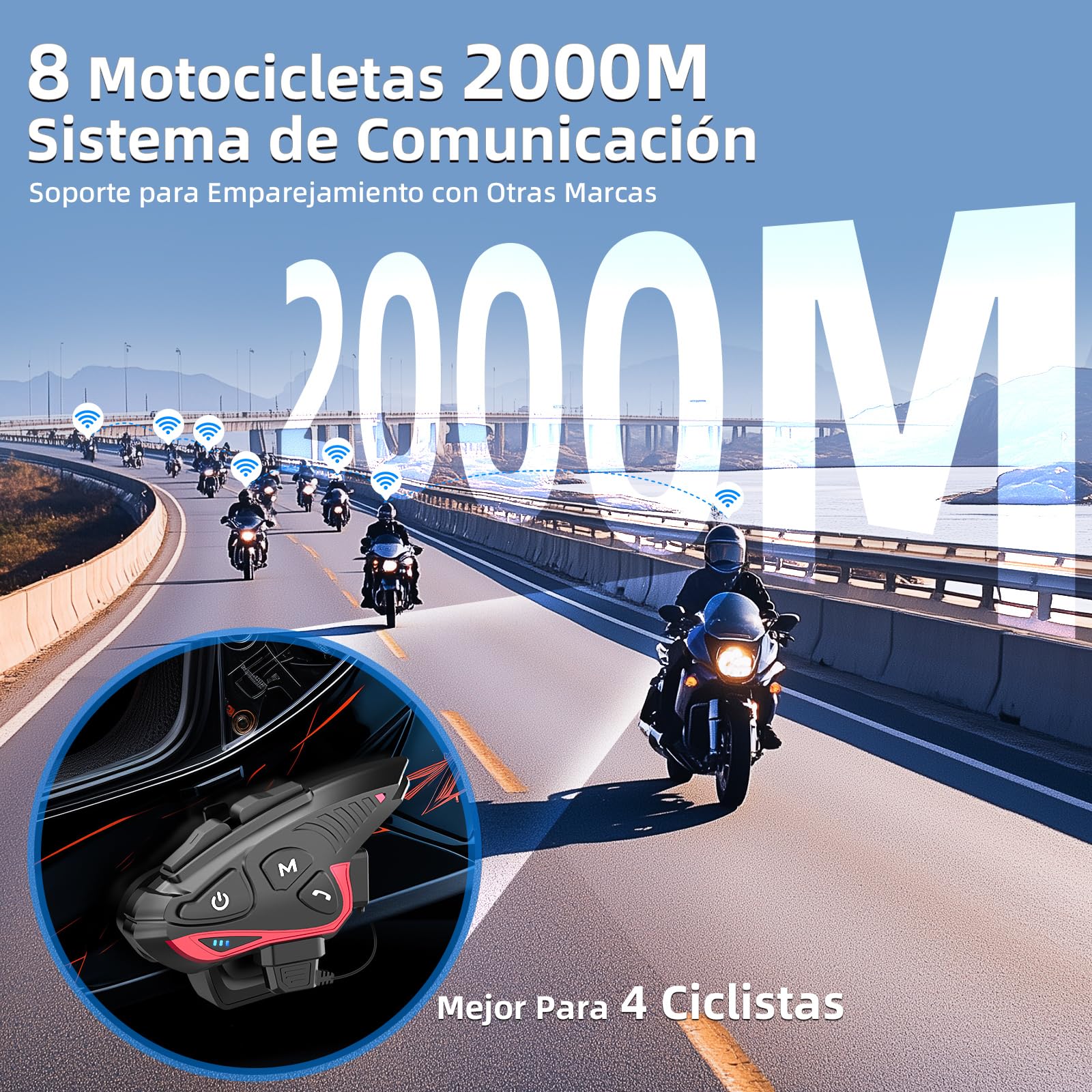 Moman Intercomunicador Casco Moto, CP-S Auriculares Manos Libres Moto 2000M Sistema de Comunicación para 8 Motociclistas con Cancelación de Ruido/FM/Compartir Música/Impermeabilidad, Individual