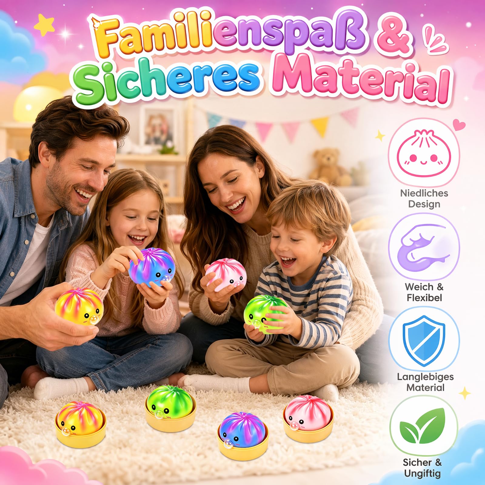 4 Stück Dumpling Squishy, Squishy Dumpling, Weiches Squeeze Stressball Fidget Toys, Mystery Squi-Shy Bun with Steamer Box Decompression Dough für Kinder Erwachsene Büro